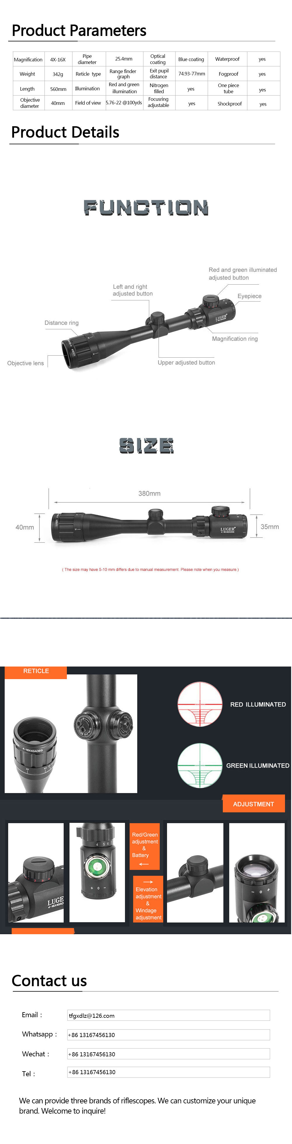 Luger 16x40 Red and Green Illuminated Scope manufacture