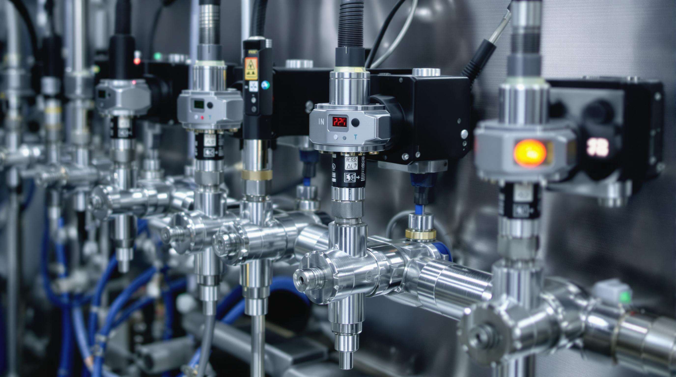 Close-up of a medical gas manifold showing pressure sensors and actuated valves in a clinical setting.