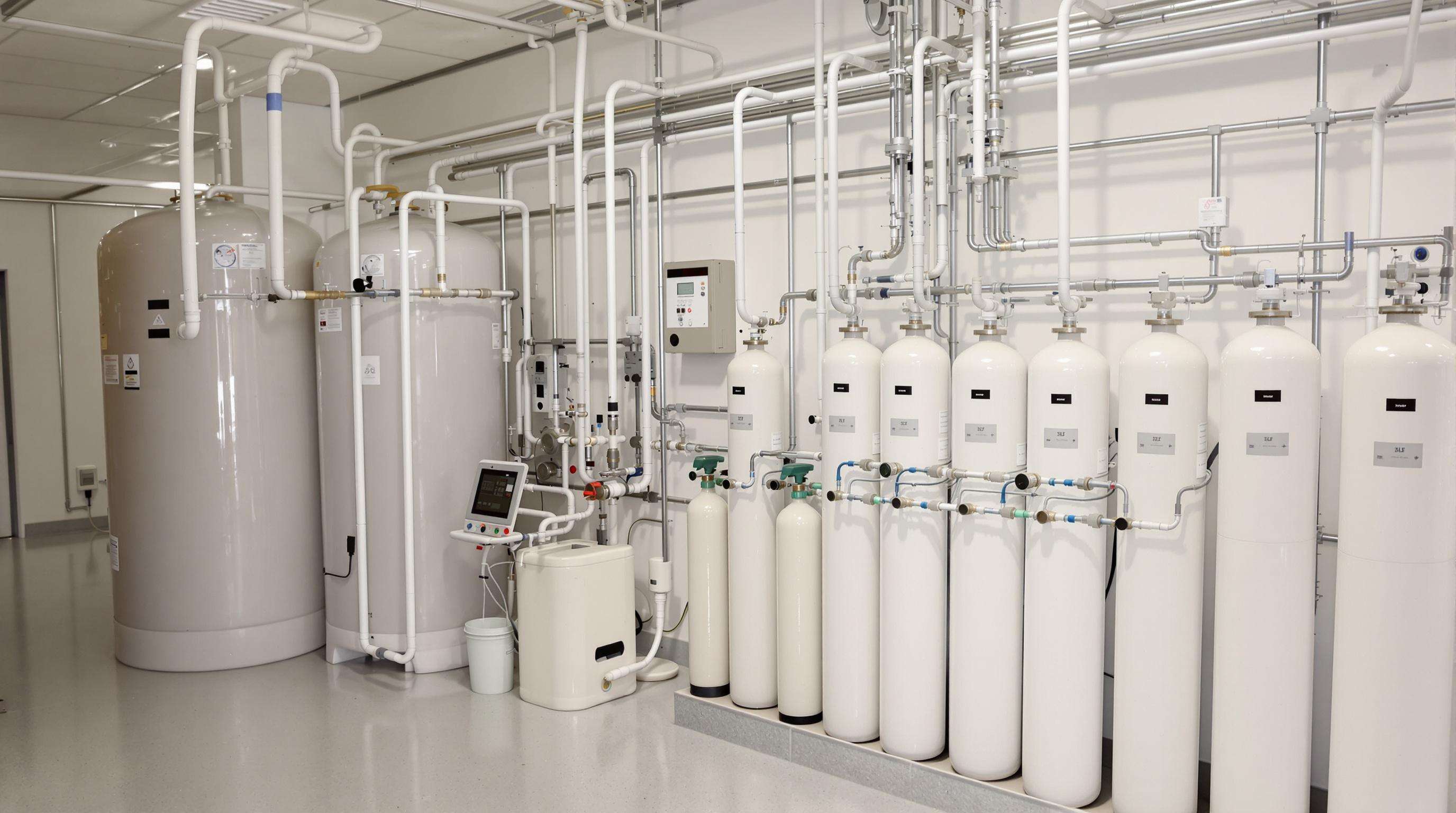Hospital gas supply room with bulk liquid tanks, high-pressure cylinders, and a central manifold for seamless blending.
