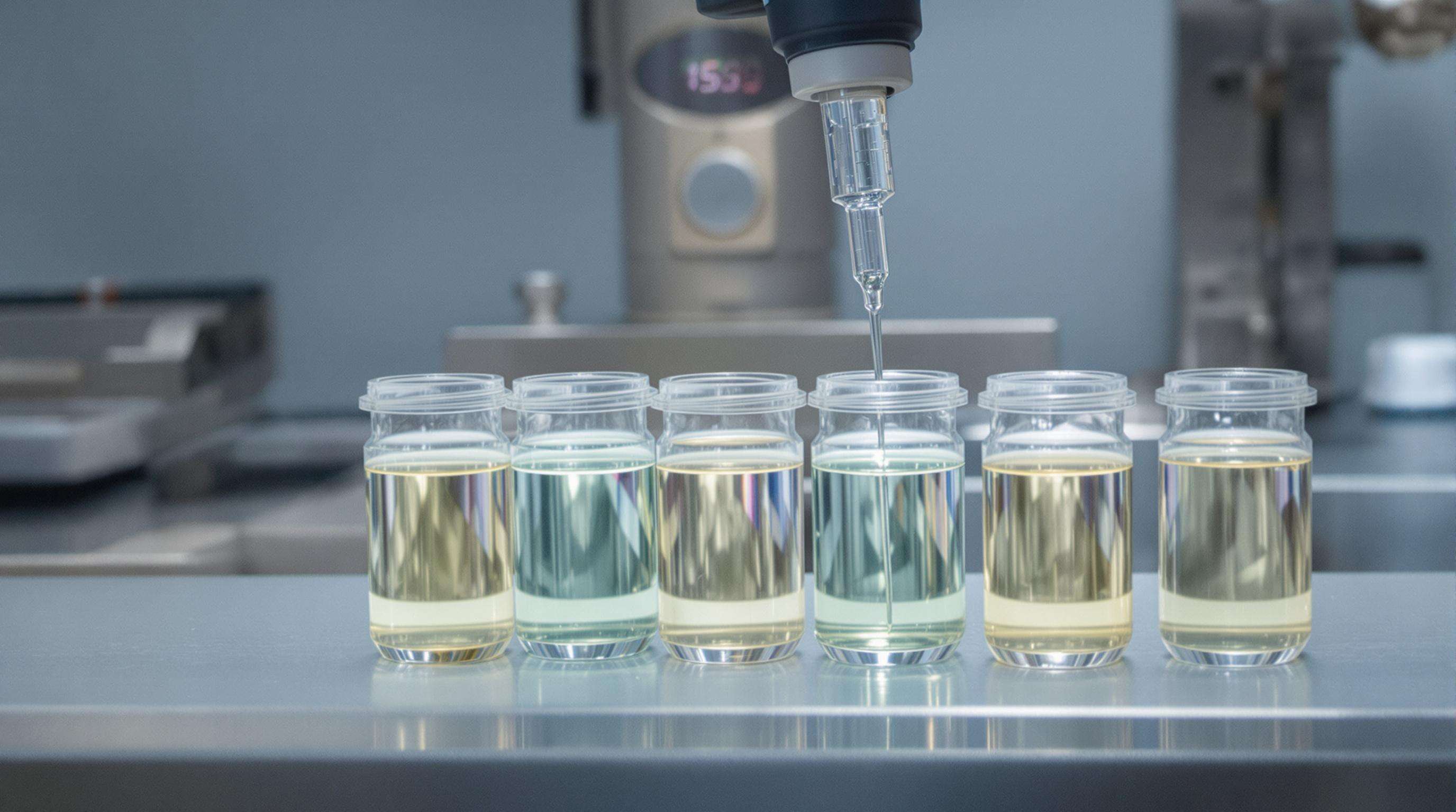 Lab technician adjusting pipette to add clear liquid to resin samples on a workbench
