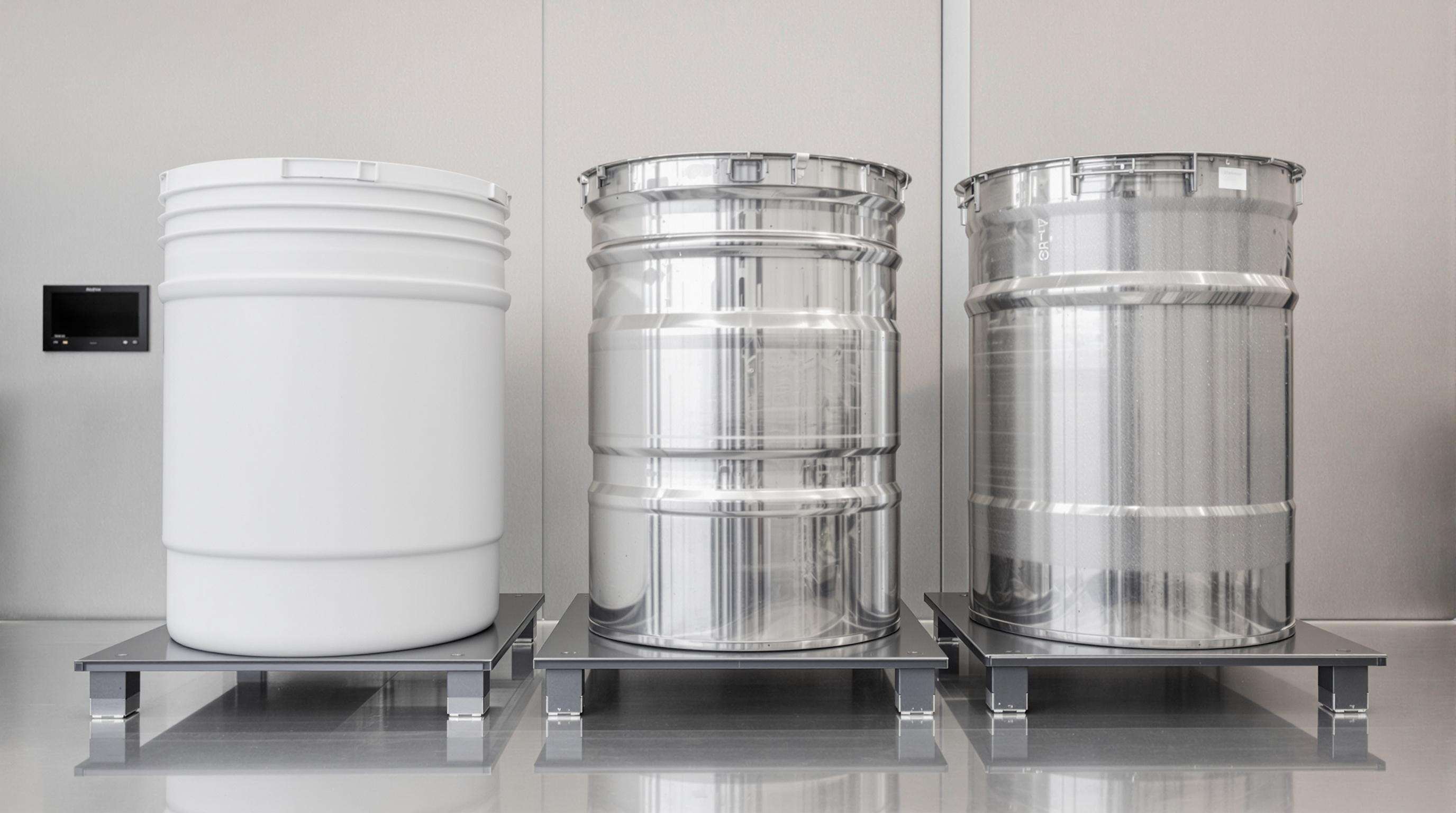 Realistic photo comparison of polyethylene, stainless steel, and MMA-composite IBC containers in a laboratory