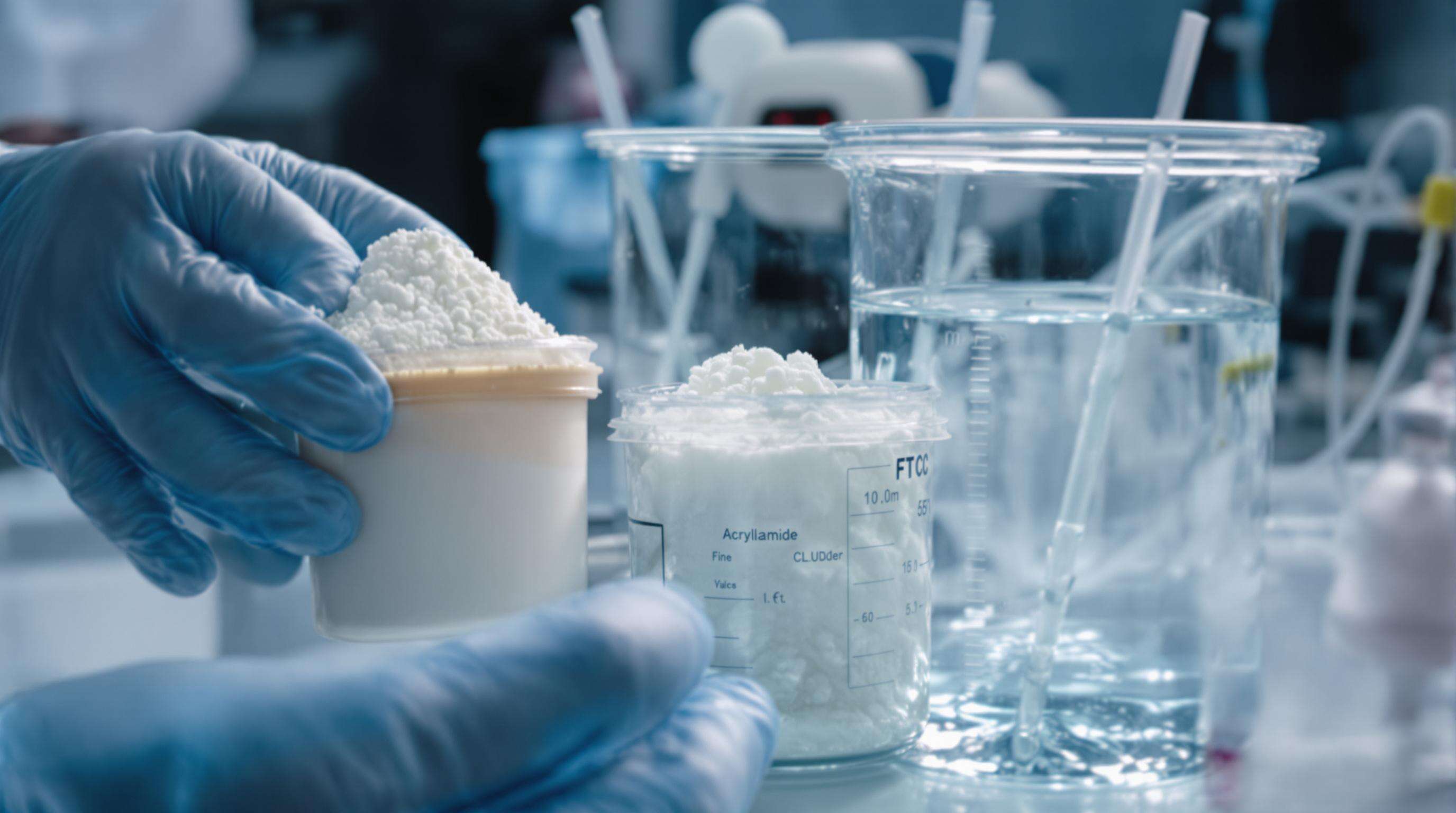 Gloved hands in a lab adding acrylamide powder to water, with visible clumps forming