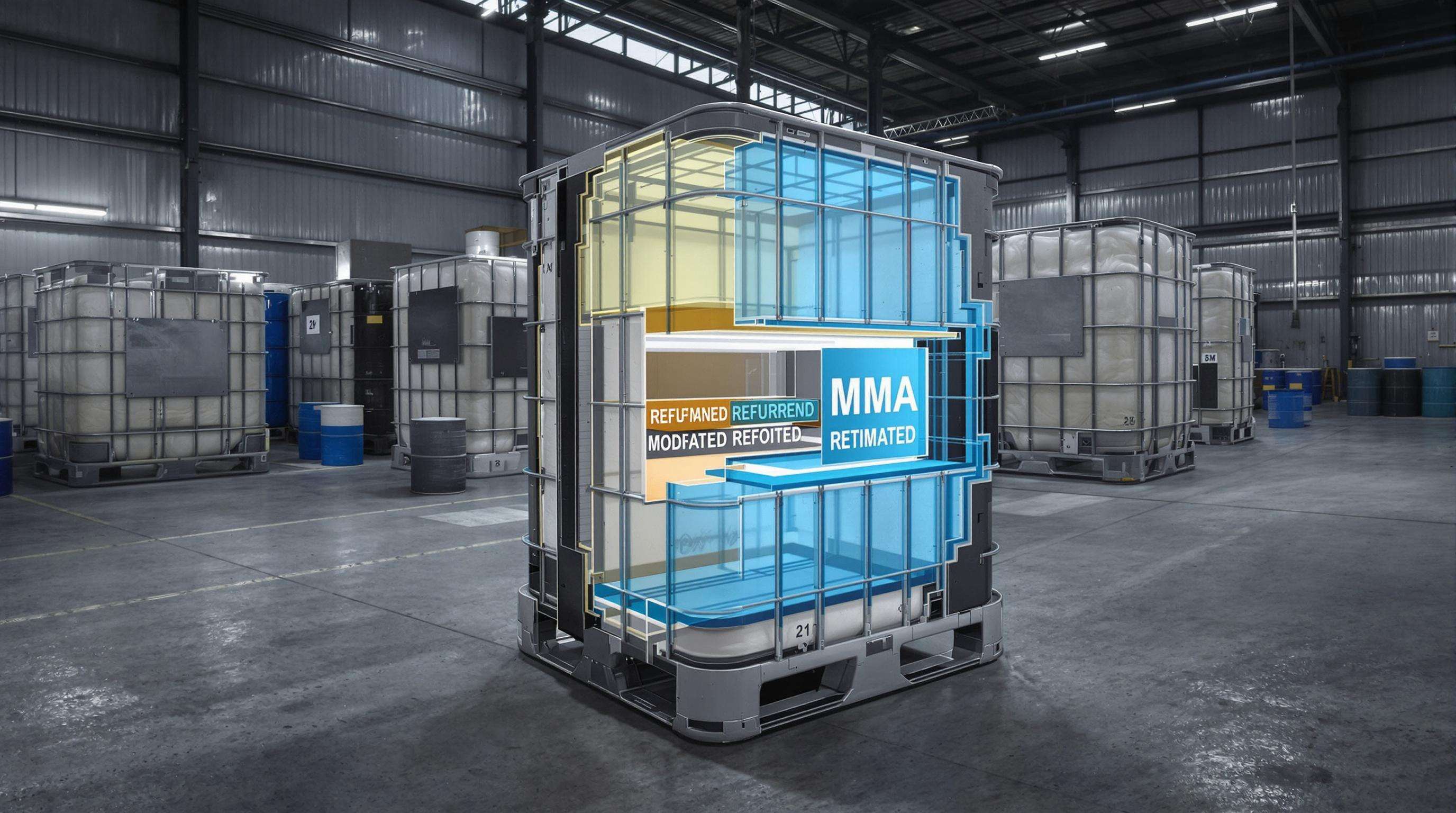 Photorealistic image of MMA-reinforced IBC containers in a warehouse, one showing interior layers