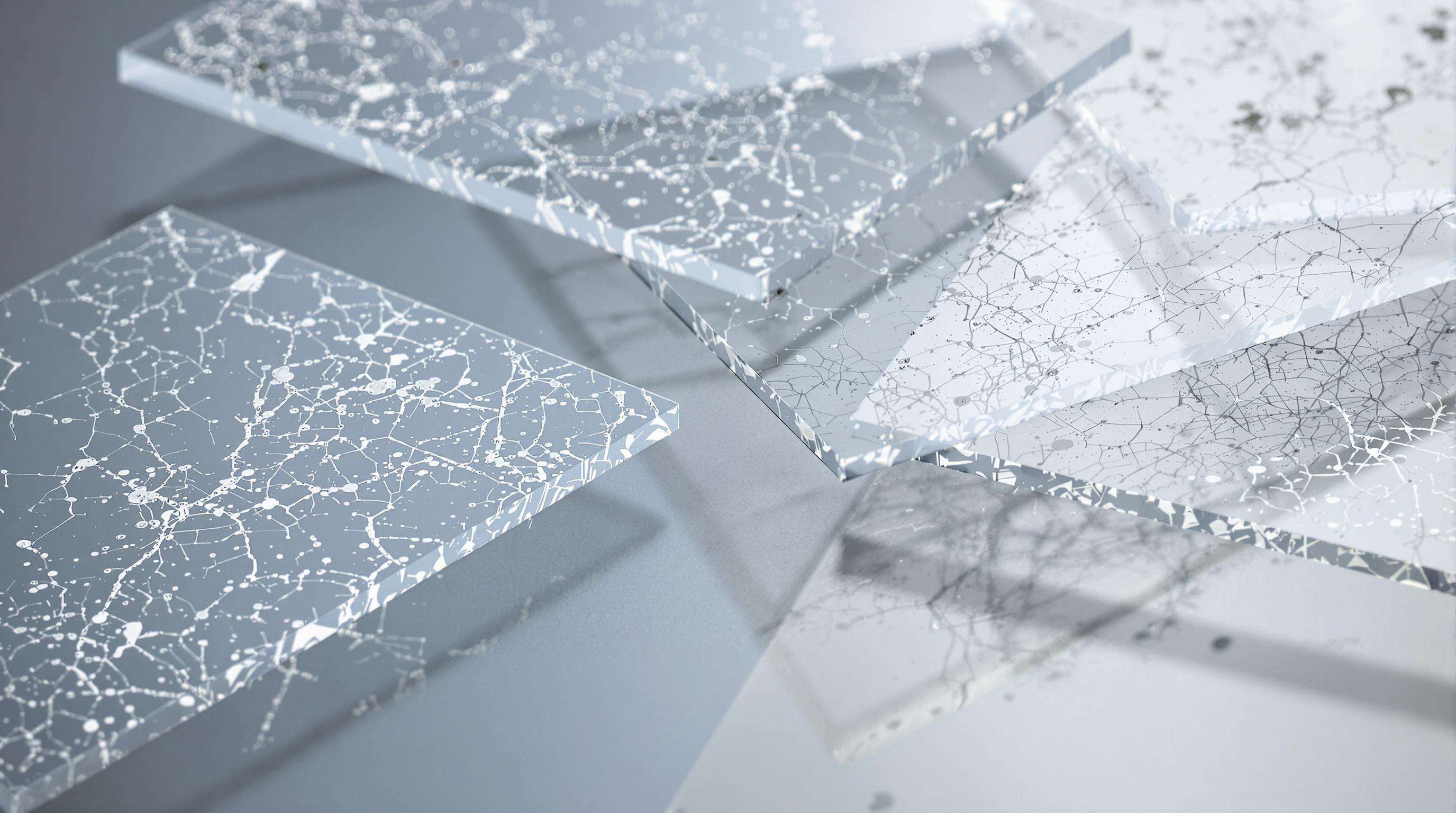 Macro photo of acrylic resin films with metal particles and branching textures