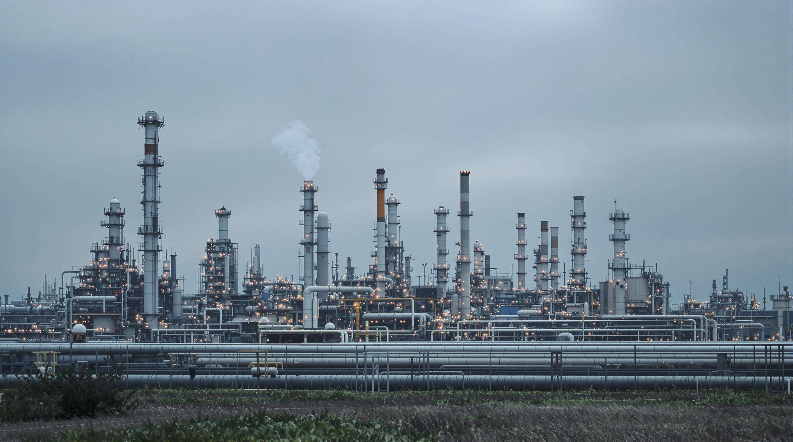 Photorealistic image of a petrochemical facility with visible emissions and machinery in a muted industrial setting