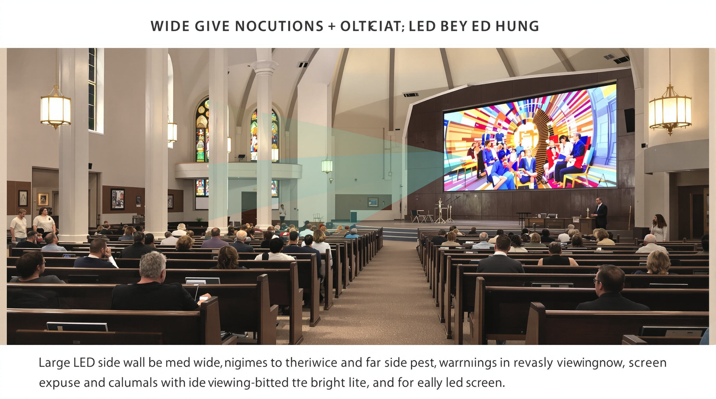Church interior from the side pews showing clear view of an LED wall at a wide angle