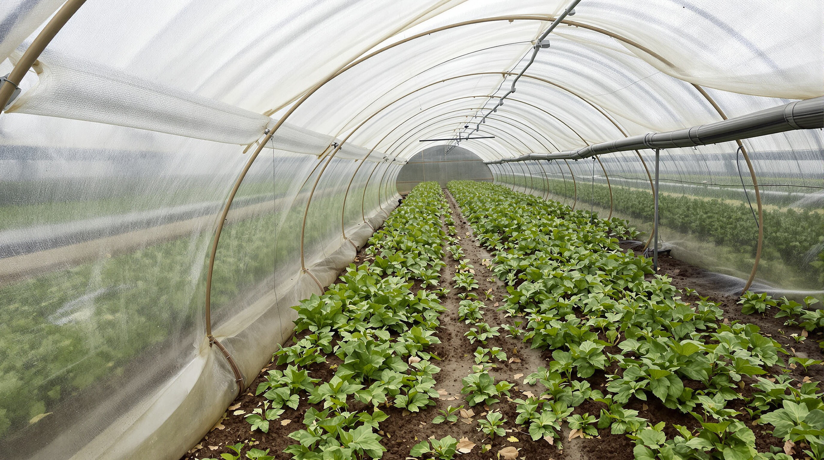 Photorealistic interior of a high tunnel greenhouse with open sidewalls, crops, and gentle condensation.