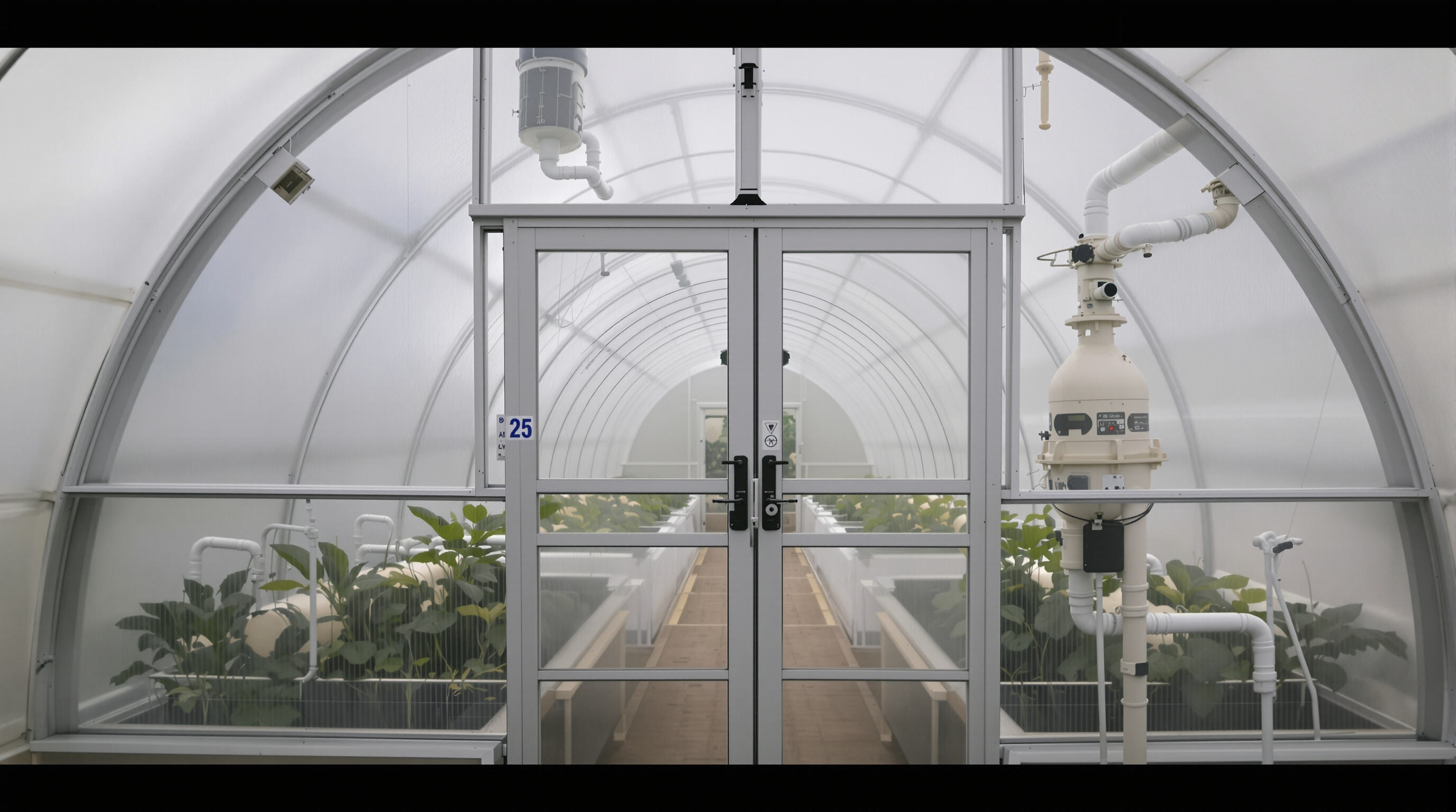 Green house entrance showing double doors, insect screens, and filtration units to block pests and pathogens
