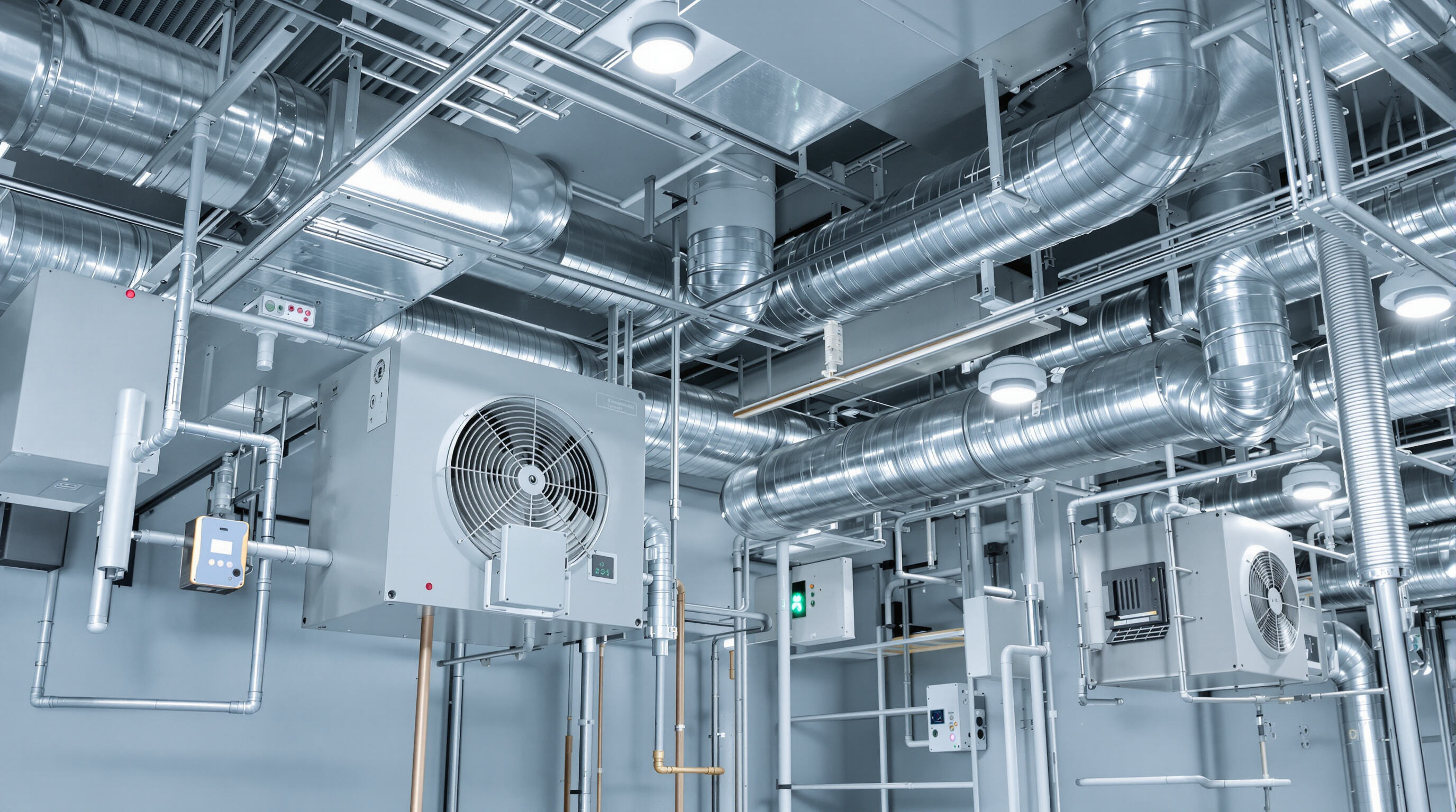 Photorealistic image of energy-efficient duct fans with smart control systems in a contemporary mechanical room.
