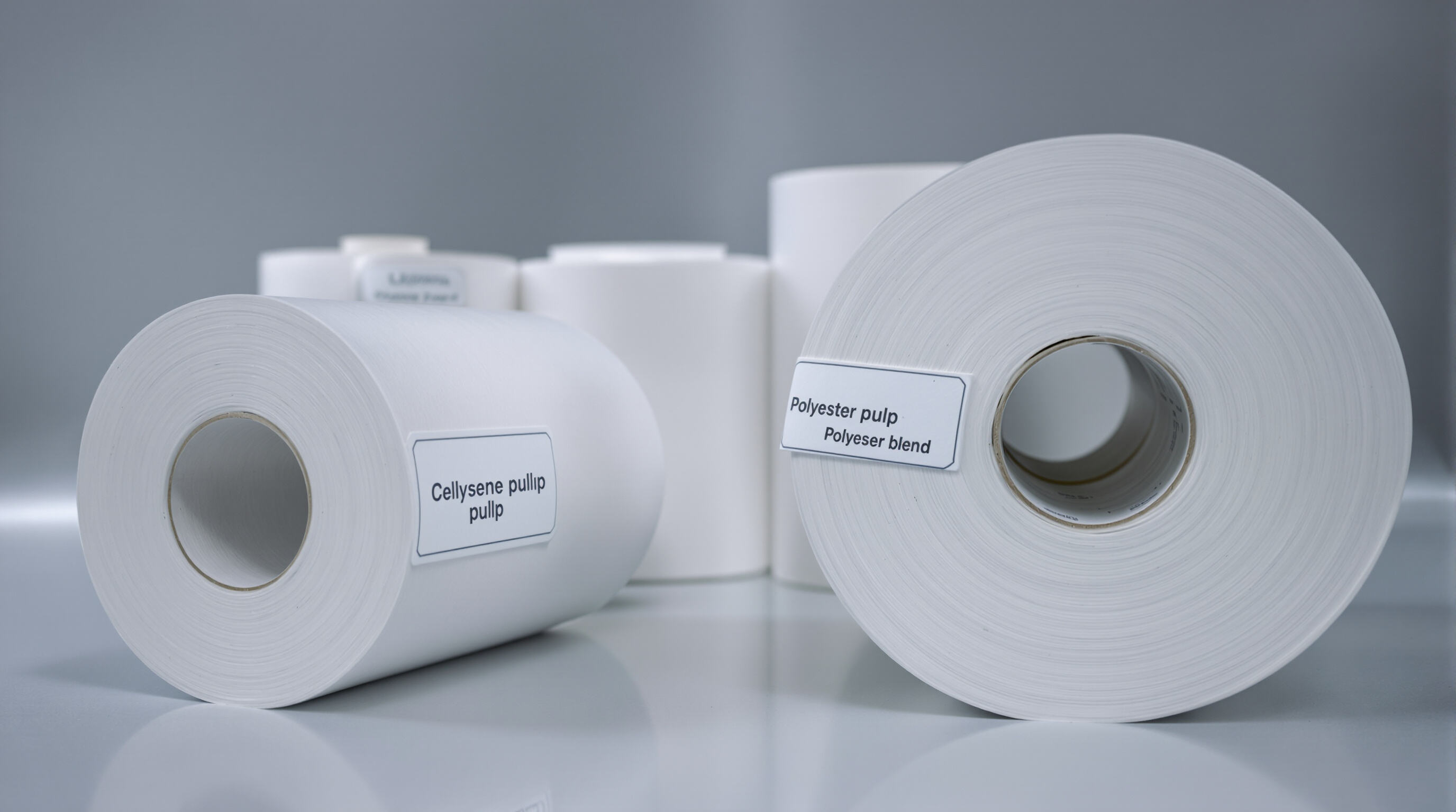 Close-up of cellulose pulp and polyester blend cleanroom paper rolls side by side in a sterile lab setting