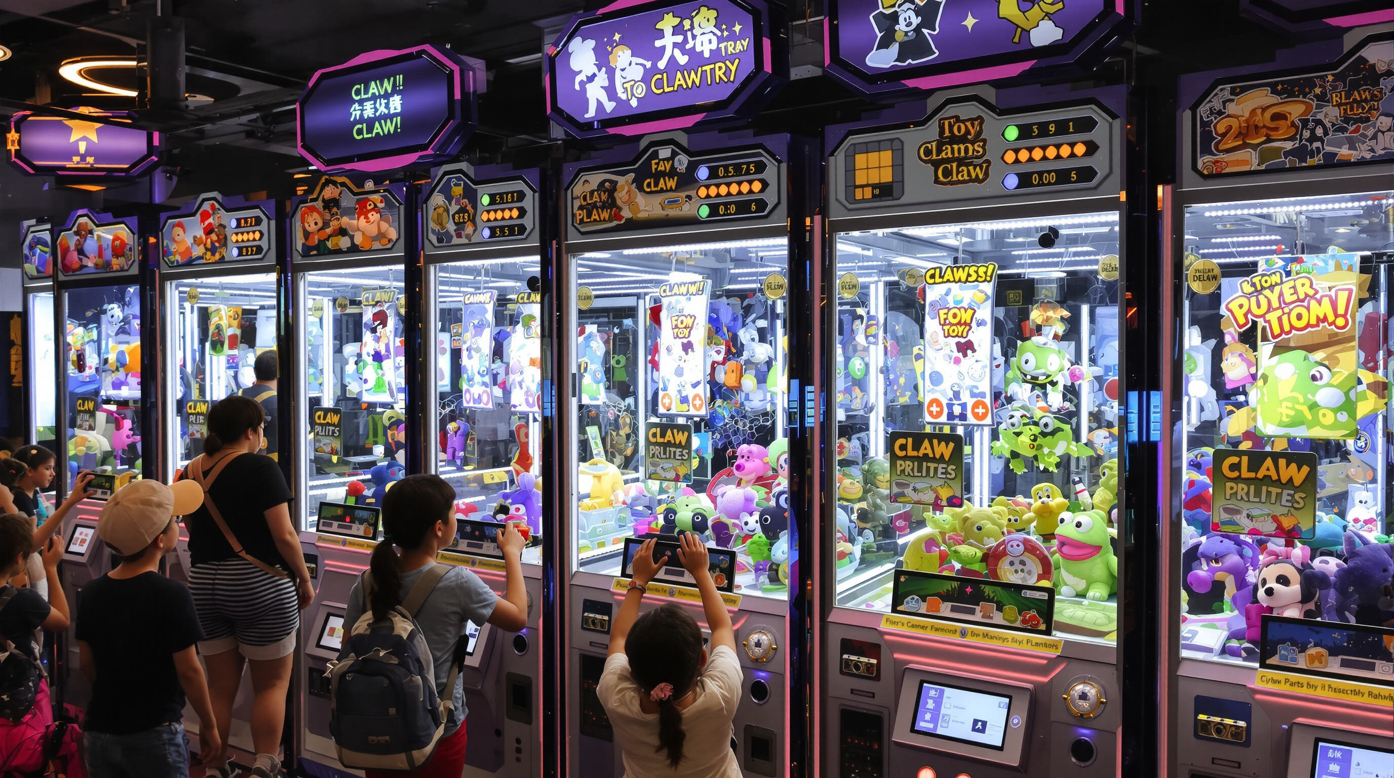 Kids playing with advanced claw machines featuring touchscreen controls and augmented reality prize displays