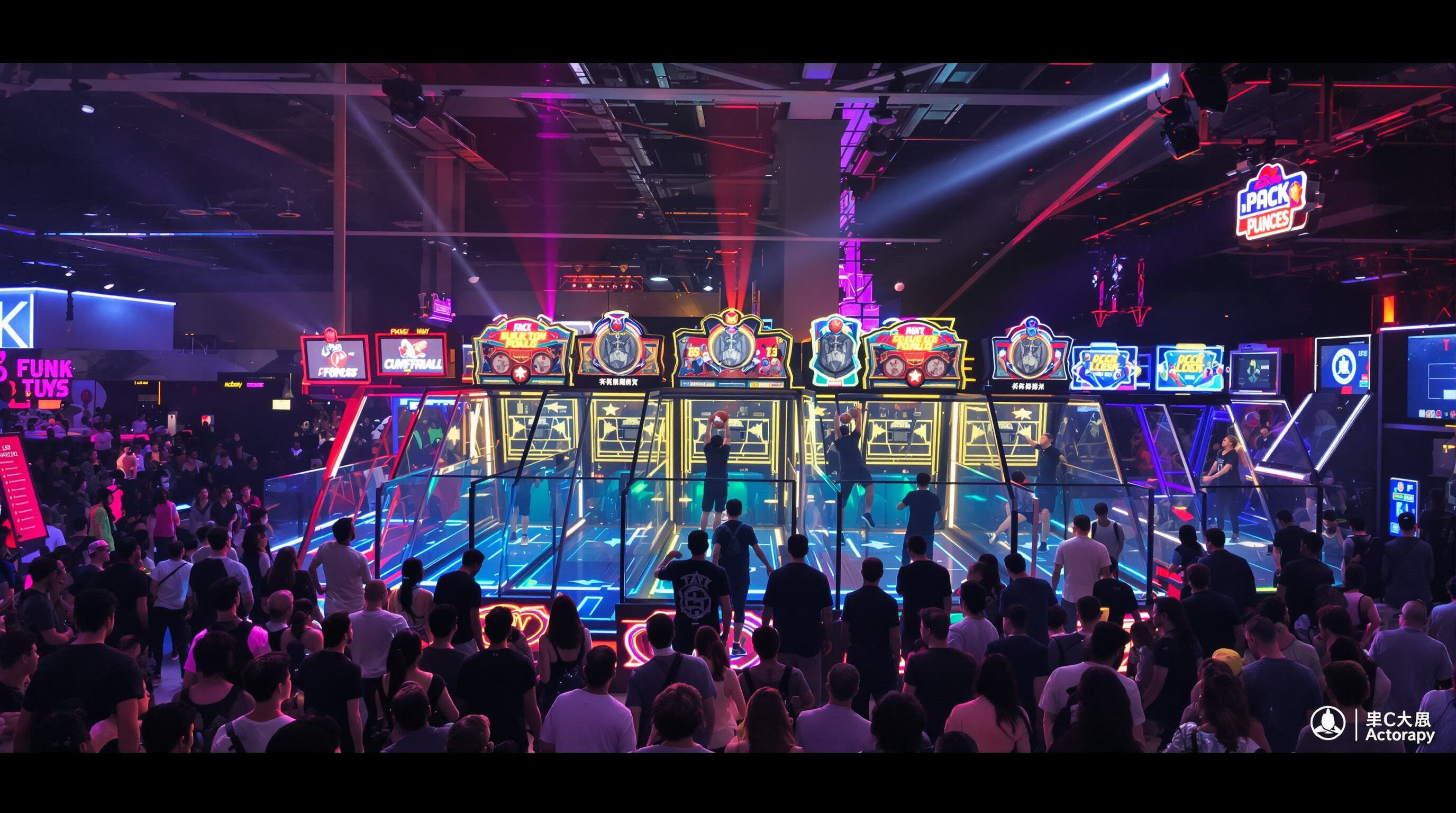 Arcade basketball machines with people playing and spectators watching in a lively entertainment center