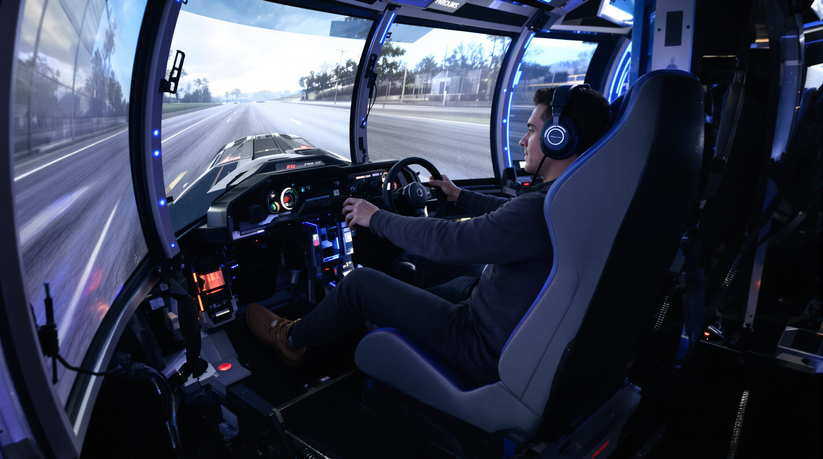 Person experiencing haptic feedback and motion simulation in a racing arcade cabinet