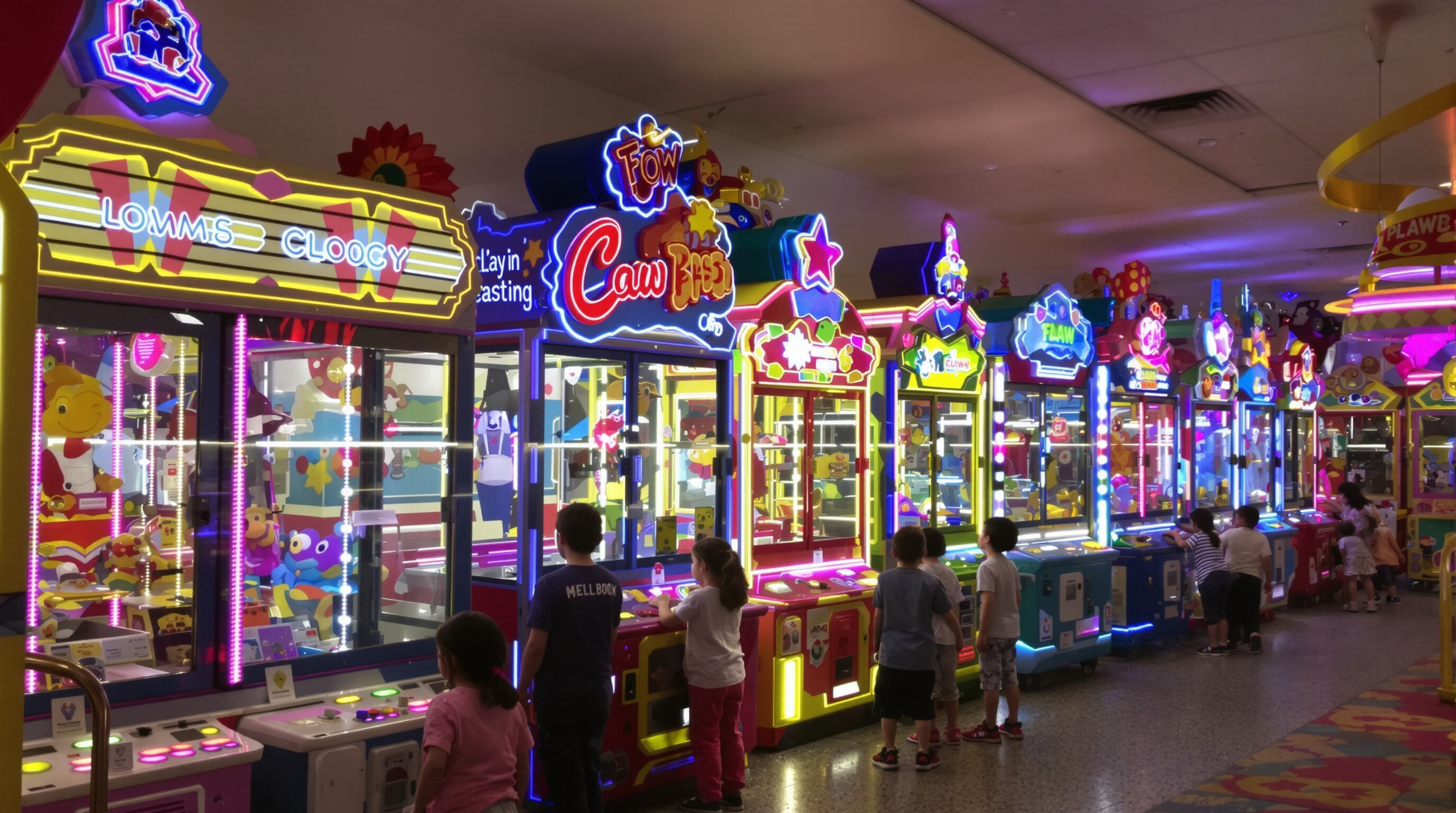 Children playing at colorful, light-up claw machines designed with ergonomic features in an arcade.