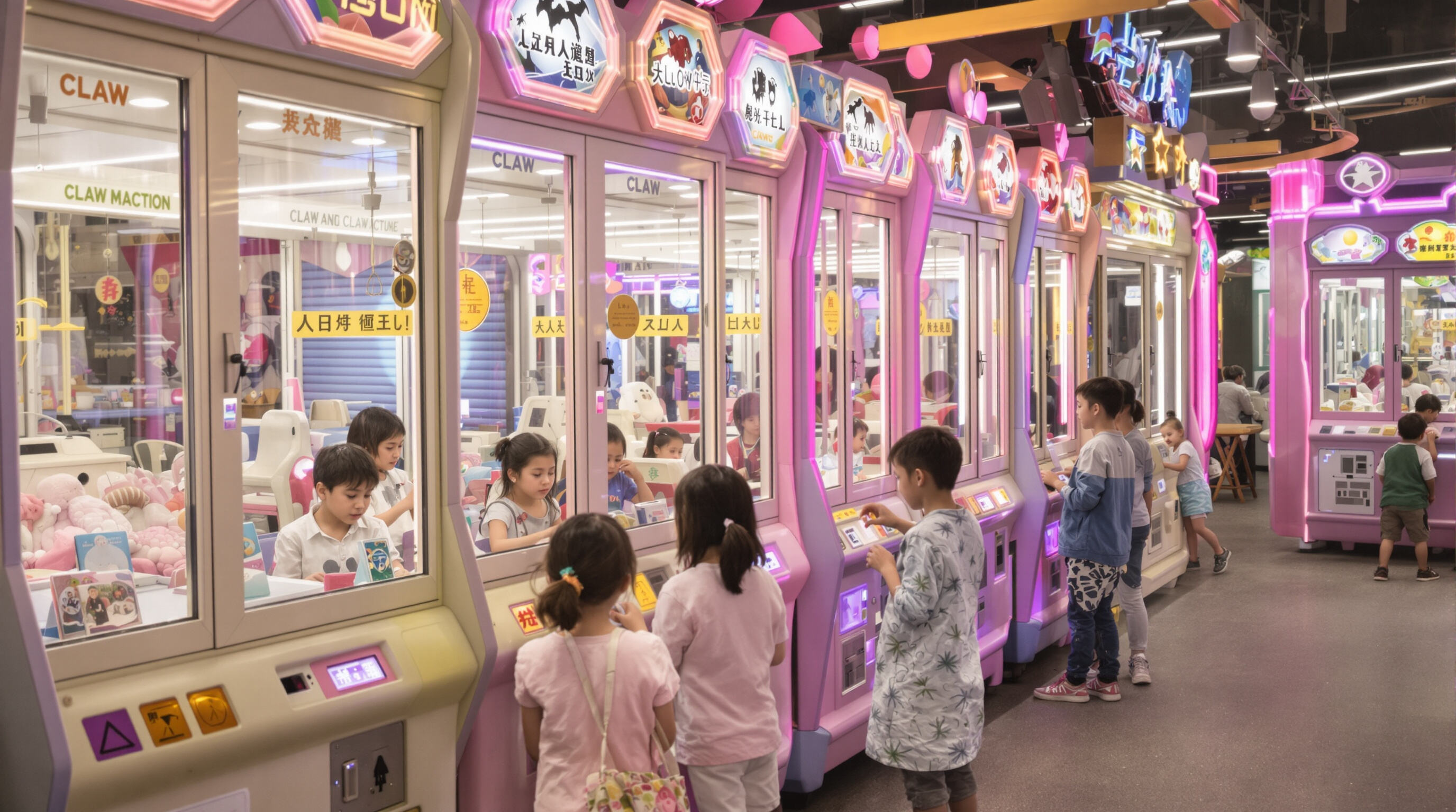 Children using child-friendly claw machines with rounded edges and ergonomic controls in a modern arcade
