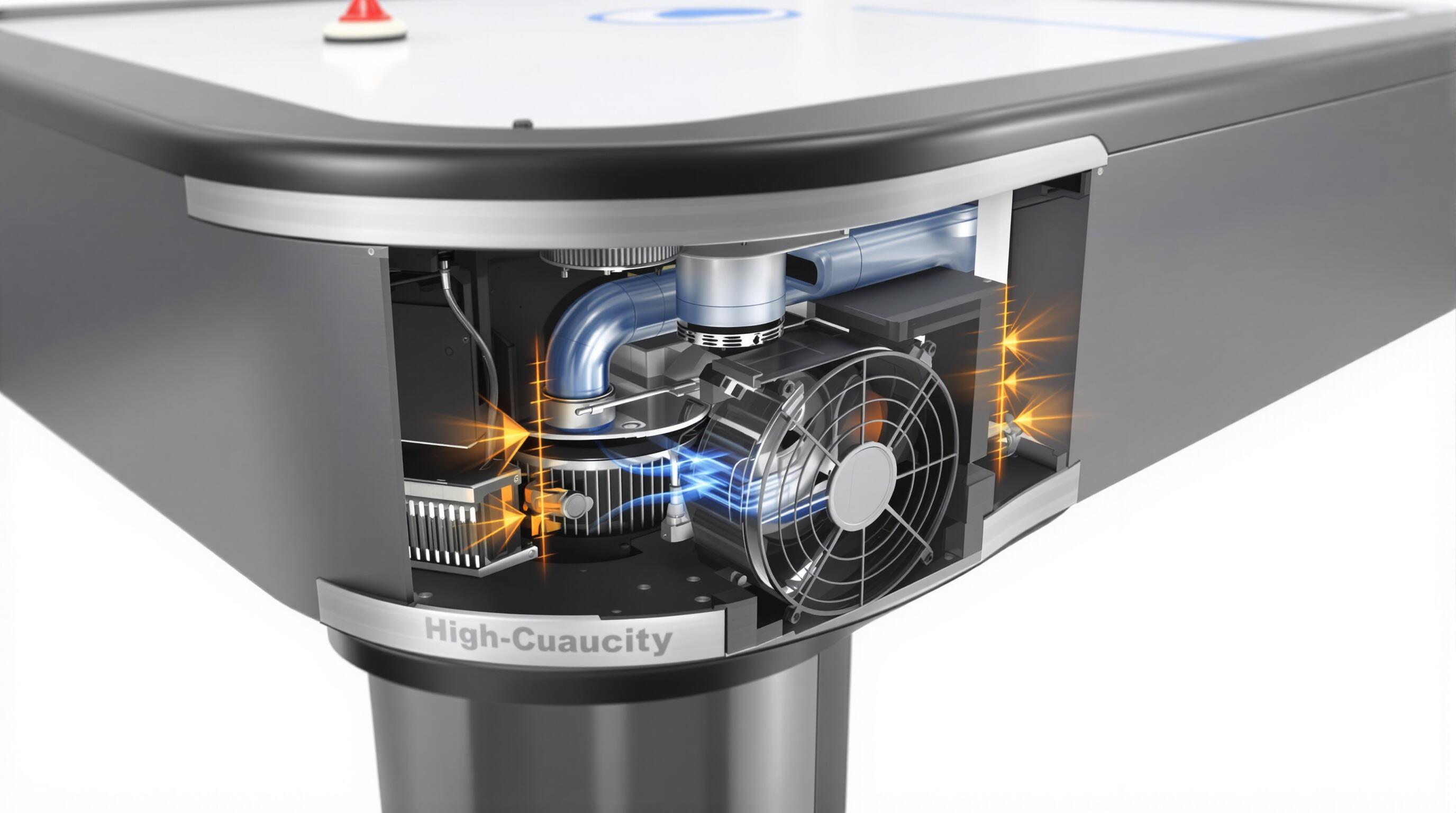 Detail of an air hockey table’s blower system under the playfield, focusing on airflow and mechanical components.