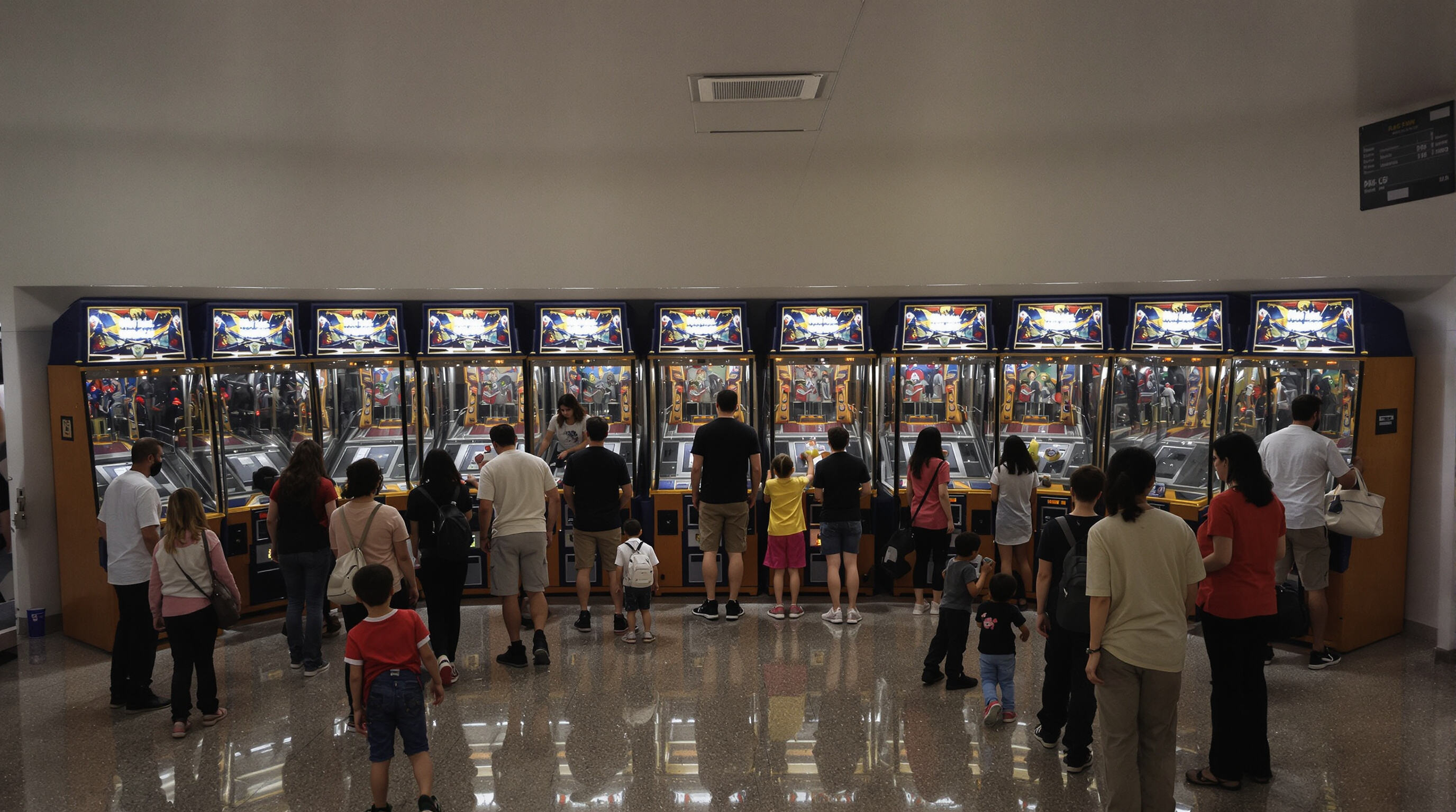Photo of different people playing basketball arcade machines in a well-lit arcade environment