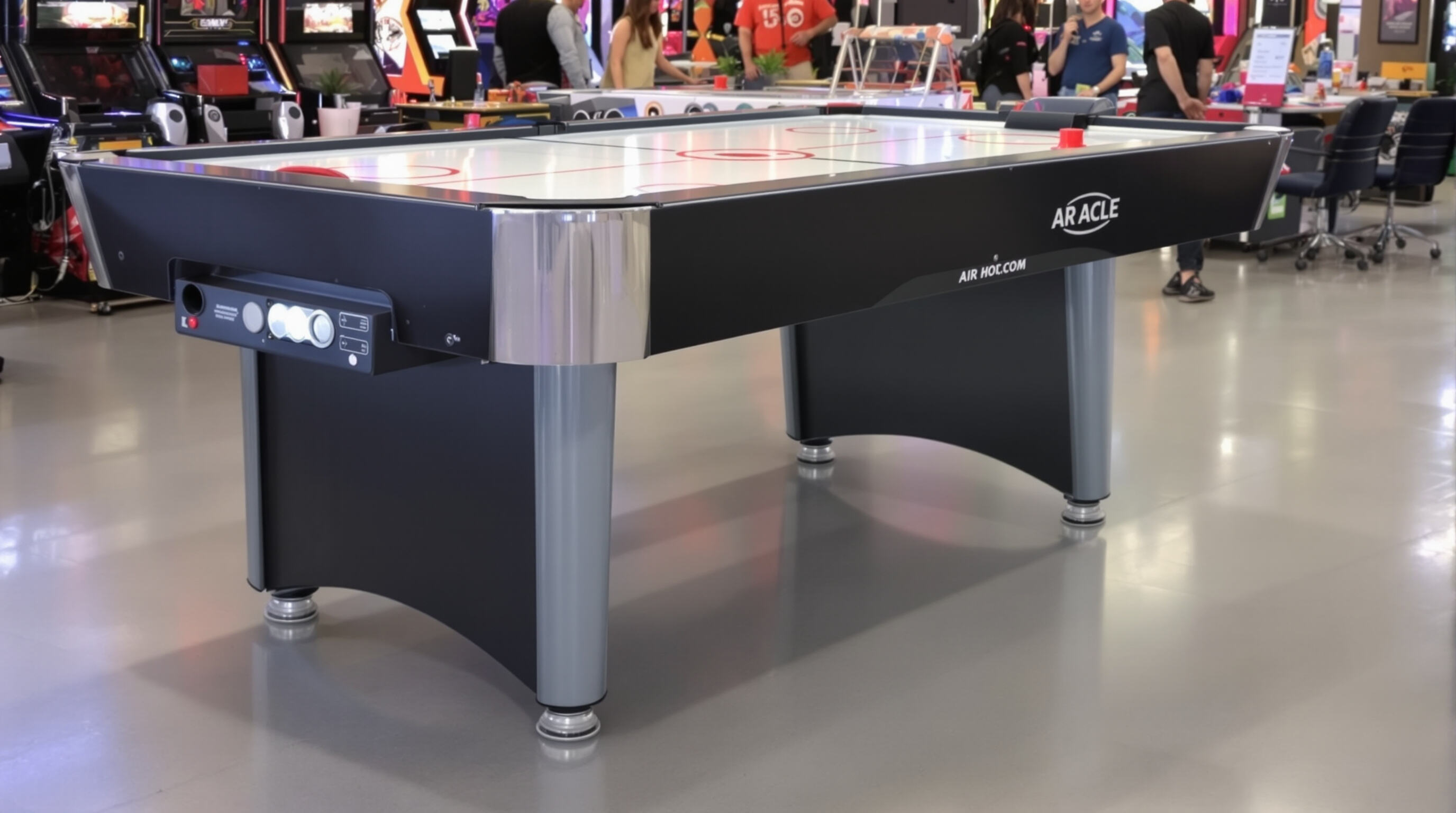 A commercial-grade air hockey table in an arcade, emphasizing its thick surface and strong steel frame.