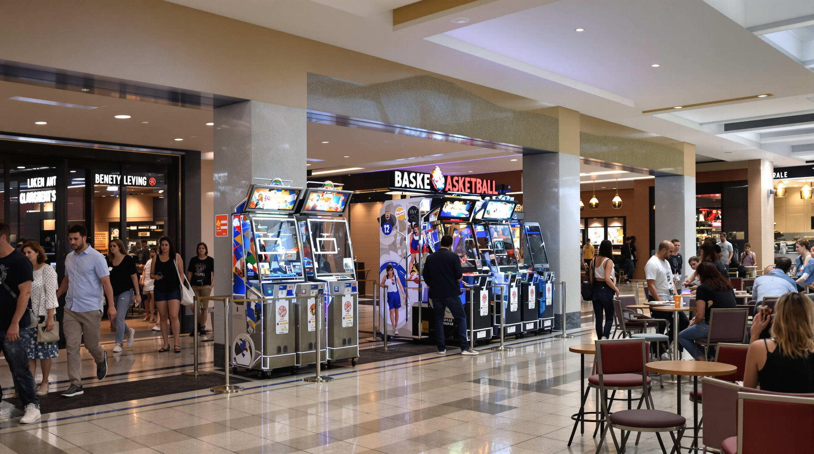 Basketball arcade machines positioned in a high-traffic zone with groups of people nearby