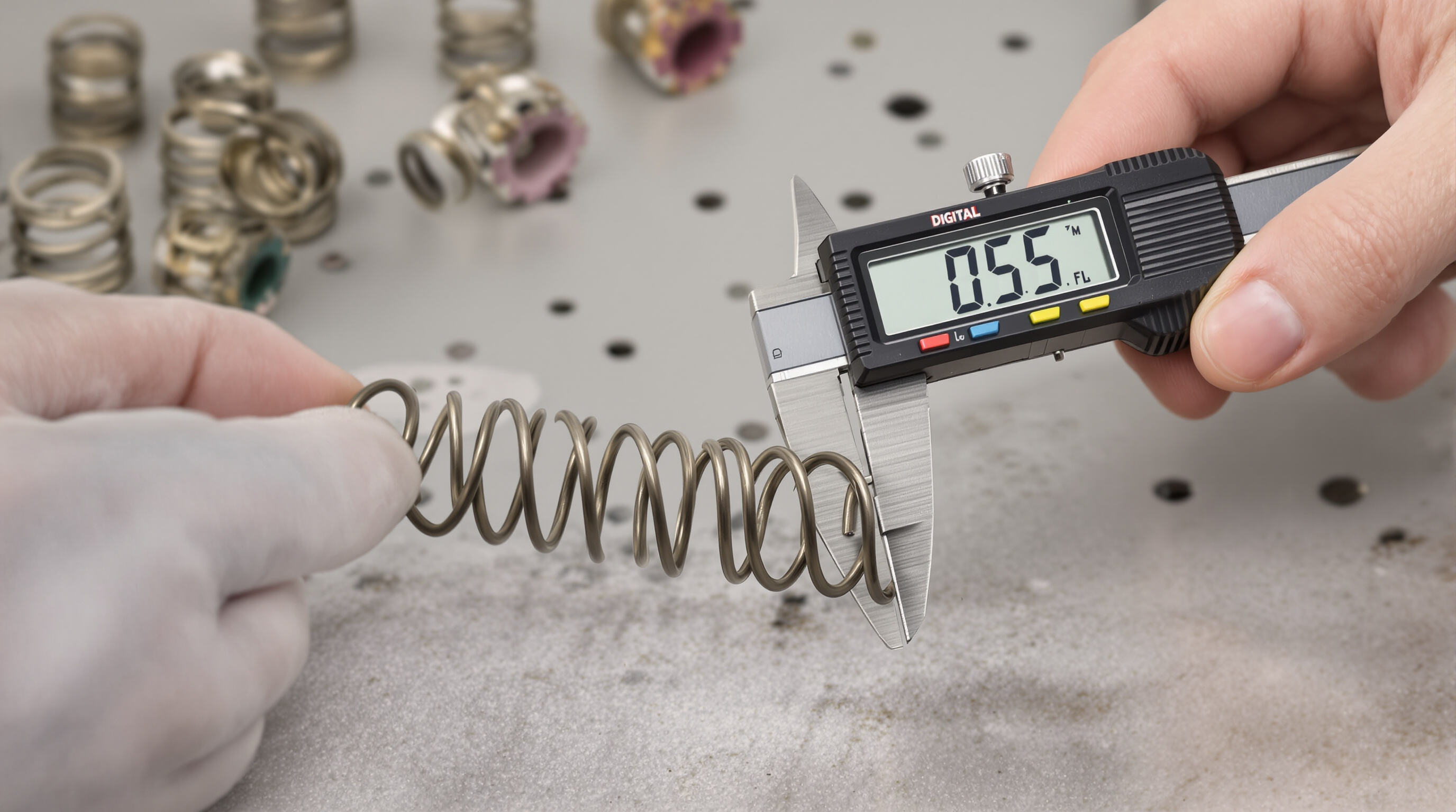 Close-up of hands using calipers to measure a metal spring highlighting quality control