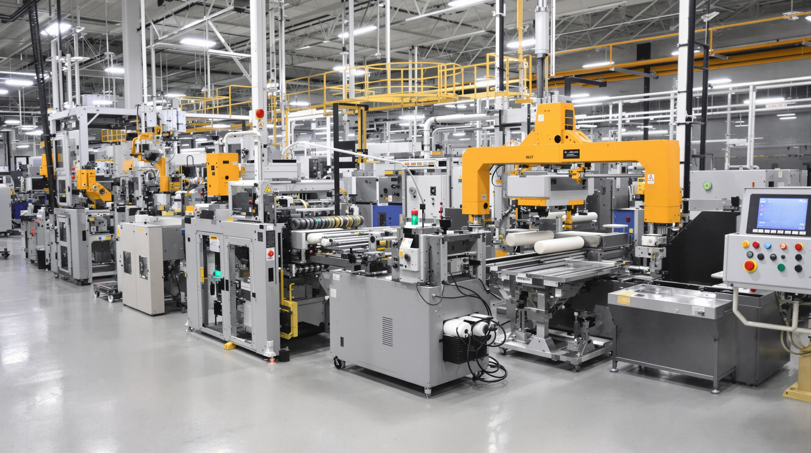 Automated paint roller handle making machine with material feeders, forming rollers, and stamping units in an industrial setting