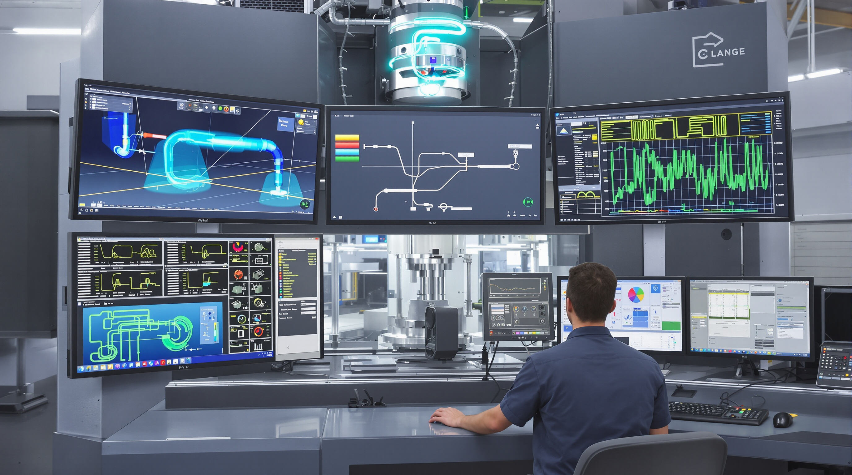 Modern tube bending machine with digital screens and engineer overseeing AI-driven process