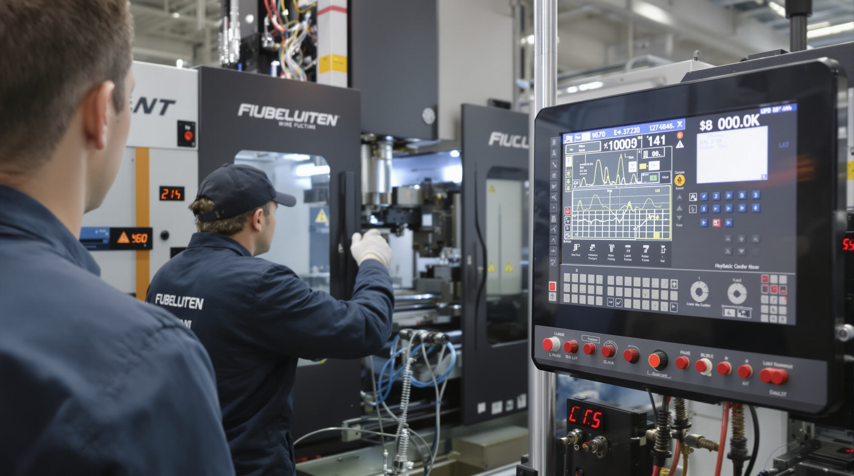 An engineer operating a CNC-controlled hydraulic wire bending machine in a modern factory