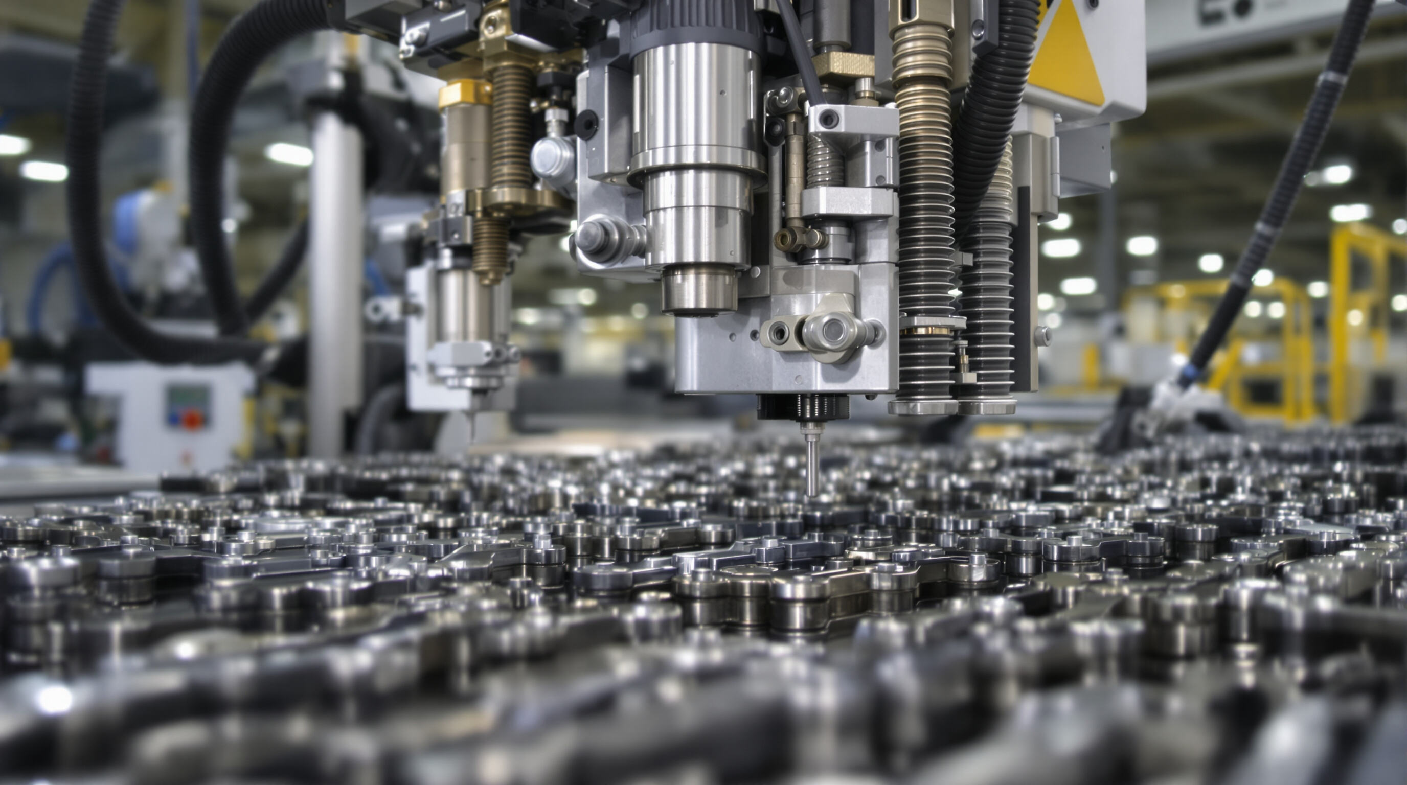 Close-up of a modern chain making machine assembling metal roller chains in a precision industrial setting