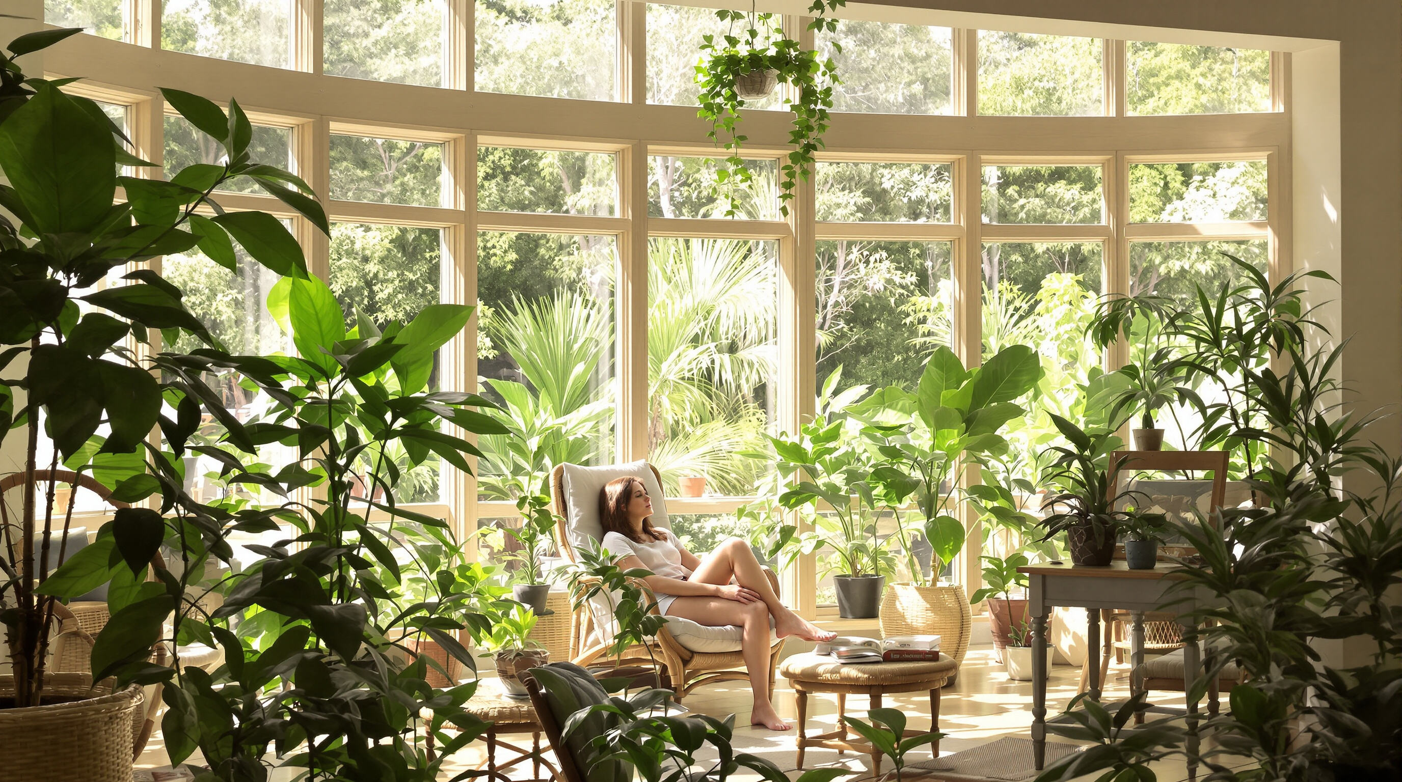 Person relaxing in a sunroom filled with natural light, surrounded by plants and soft furnishings
