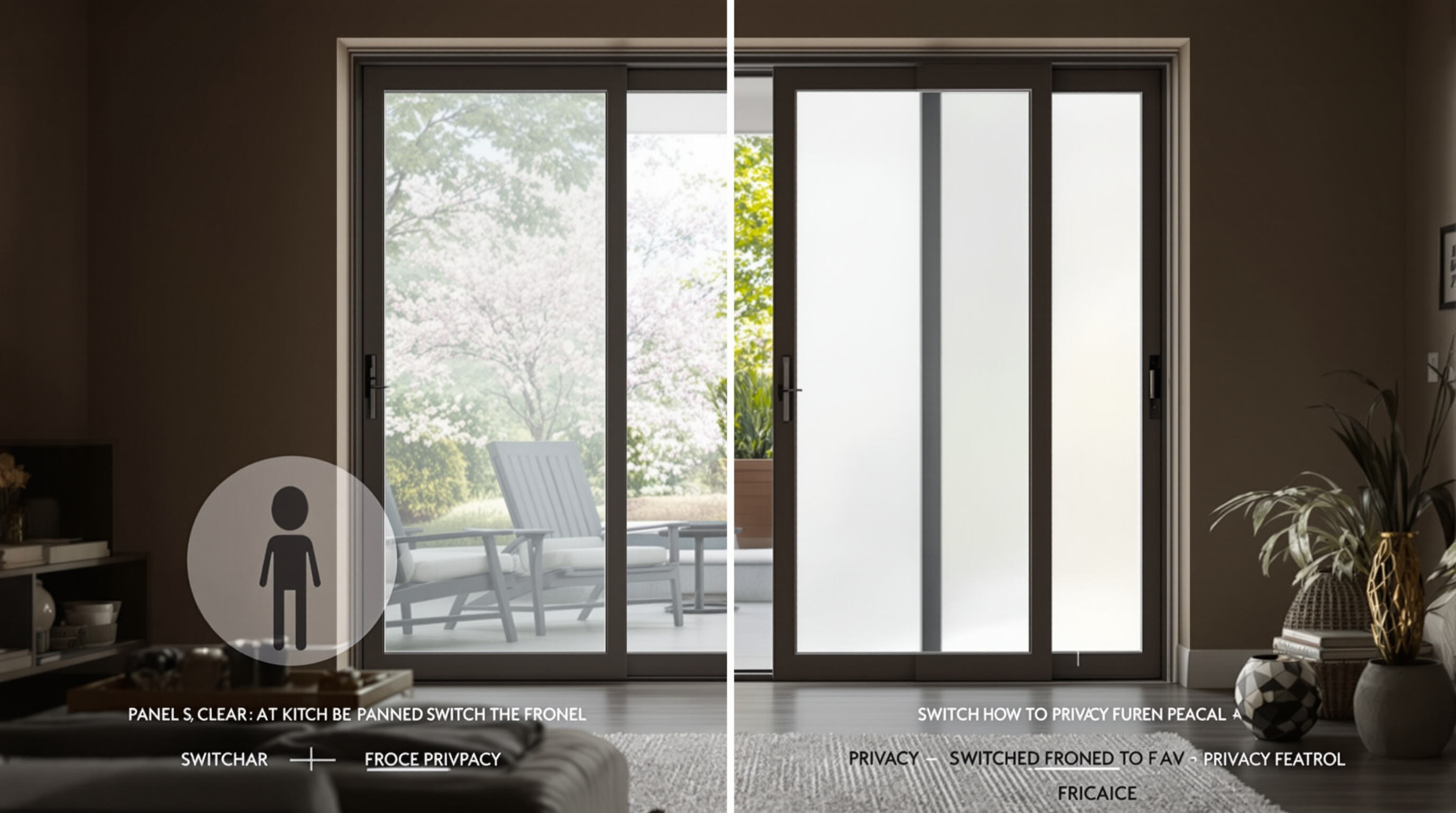 Modern room with sliding glass doors, one panel clear and another frosted for privacy, blending openness and discretion