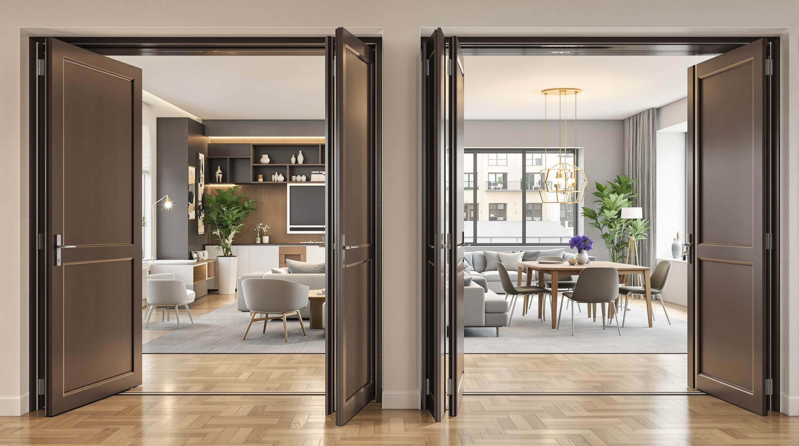 Comparison of a modern apartment showing more usable space with folding doors versus less space with traditional hinged doors