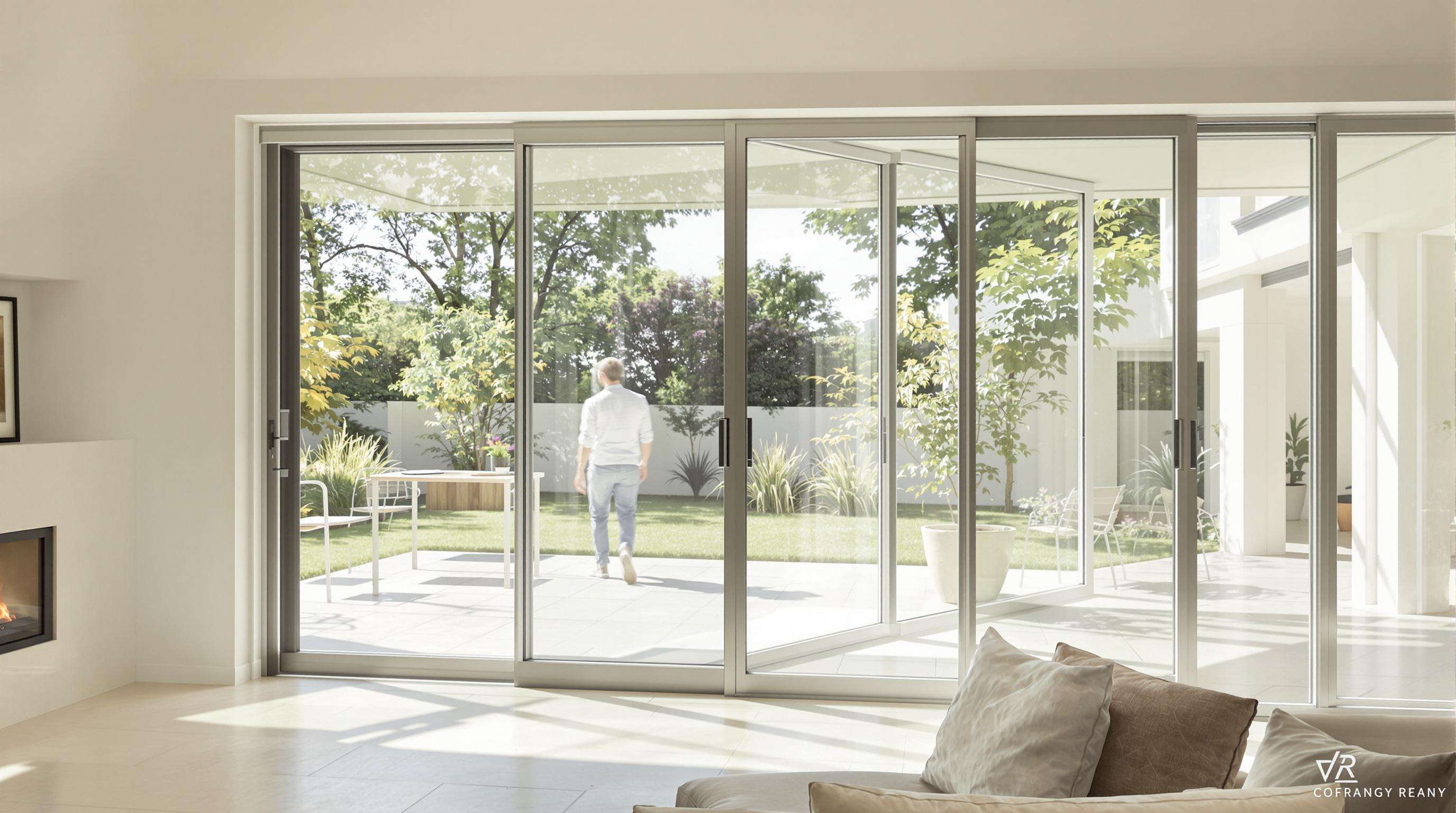 Open-plan living area with floor-to-ceiling sliding windows maximizing natural light