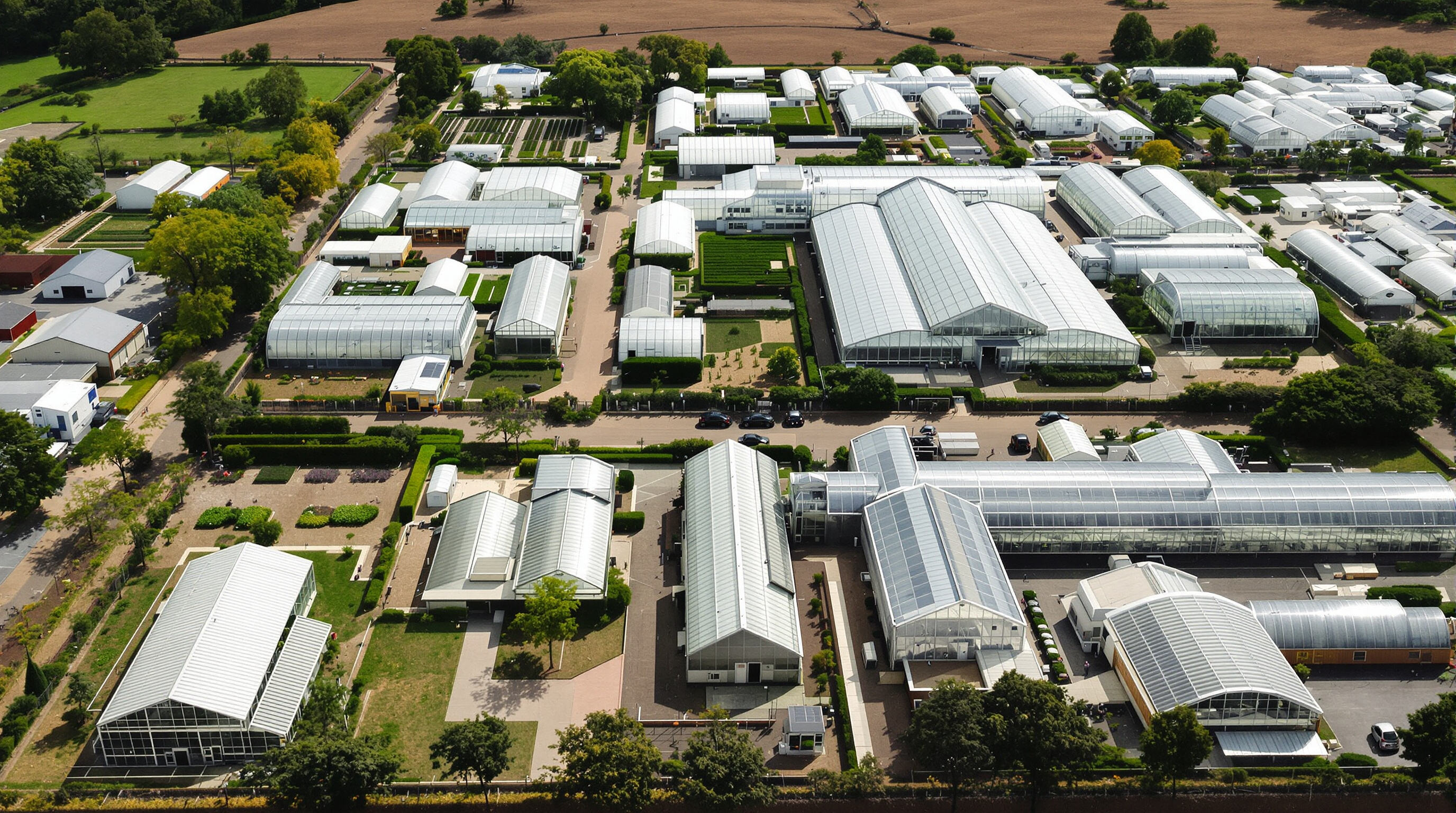 Aerial view of small and large greenhouses in urban and rural gardens, showing size differences and environments