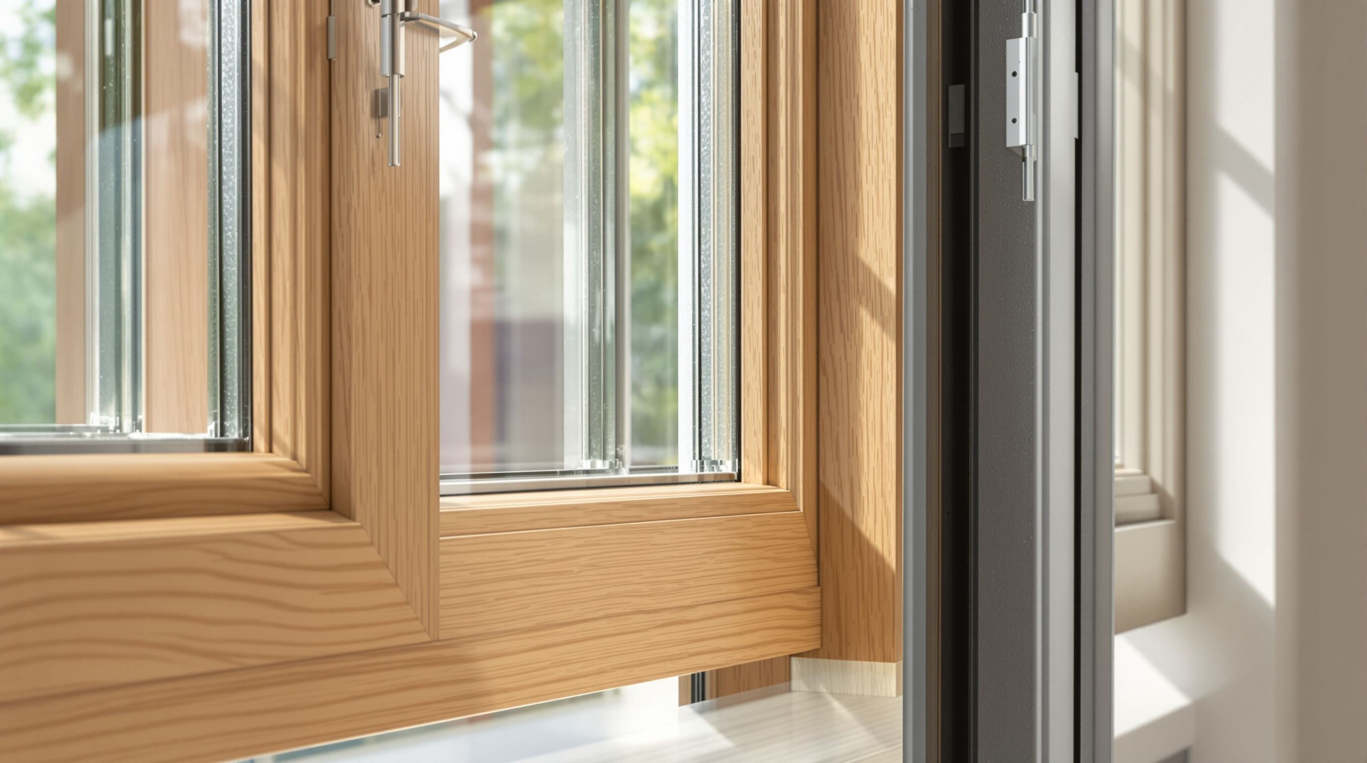 Close-up of uPVC, wood, and aluminum French window frames in sunlight, highlighting textures and materials.