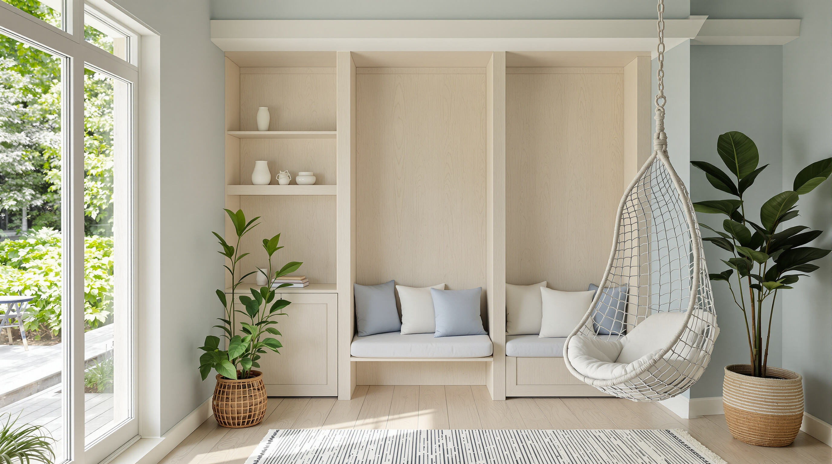 Meditation corner in a sunroom with soft seating, natural textures, and greenery