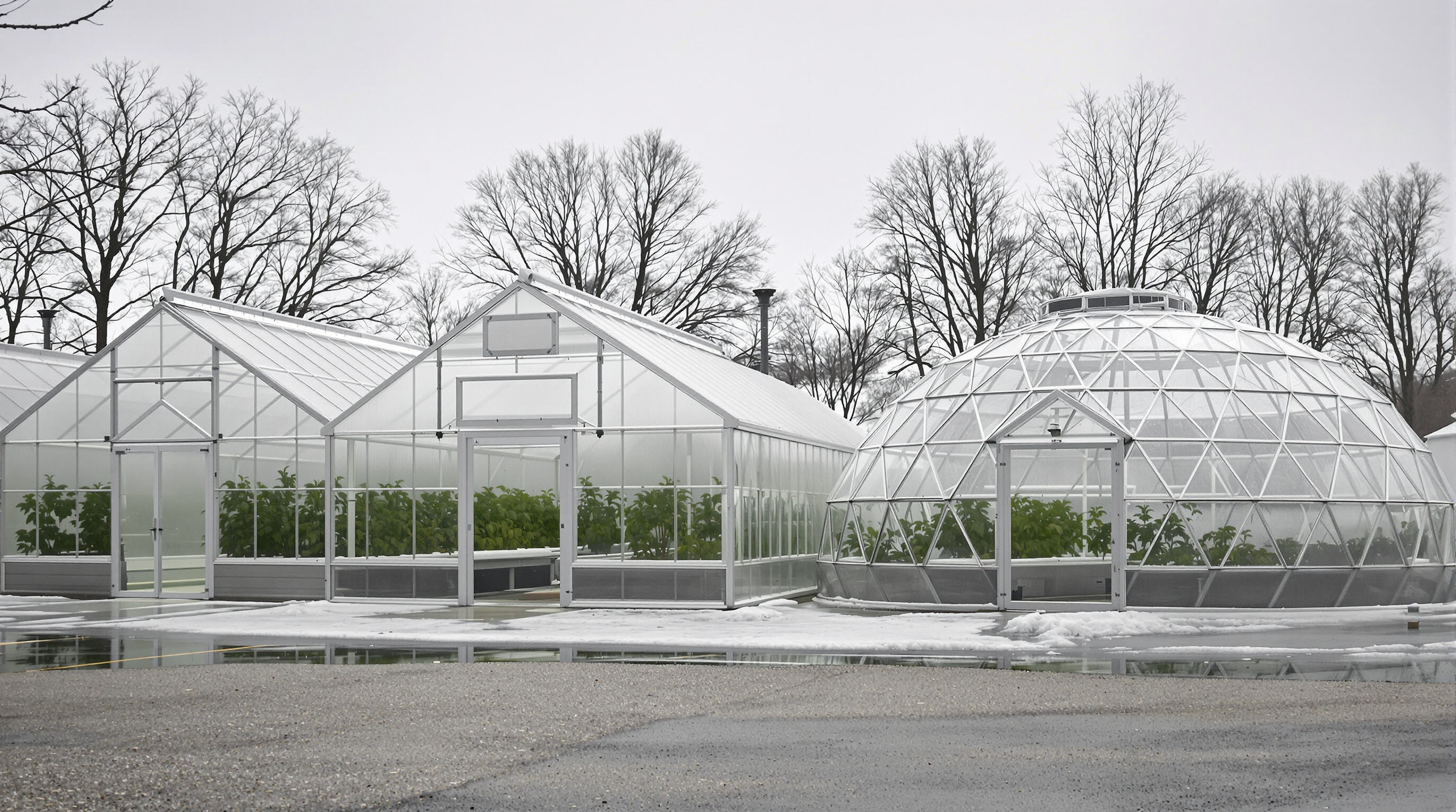 Several greenhouse types with varied roof designs lined up outdoors, highlighting structural differences and durability features