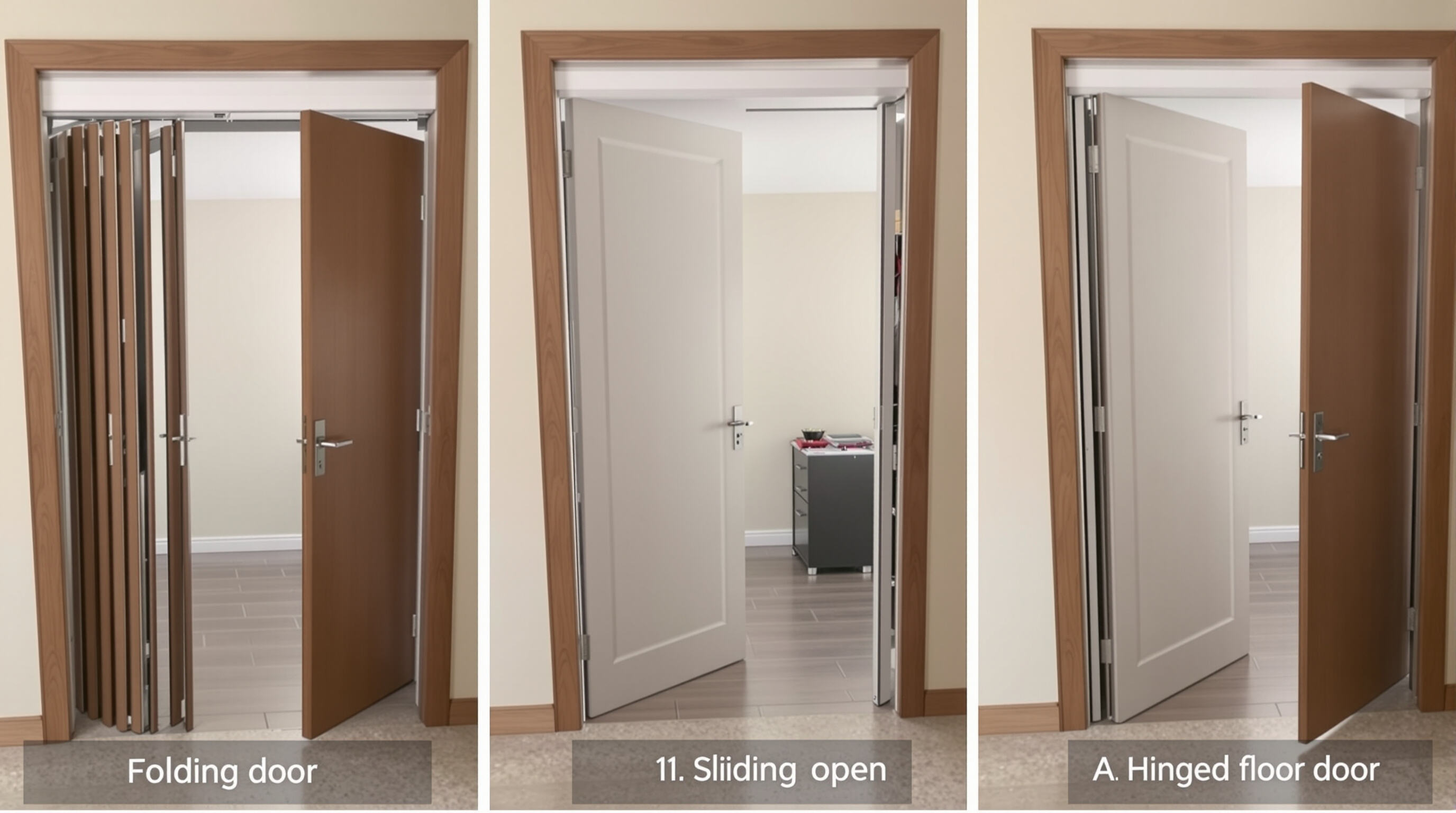 Side-by-side rooms illustrating space usage differences between folding, sliding, and hinged door systems