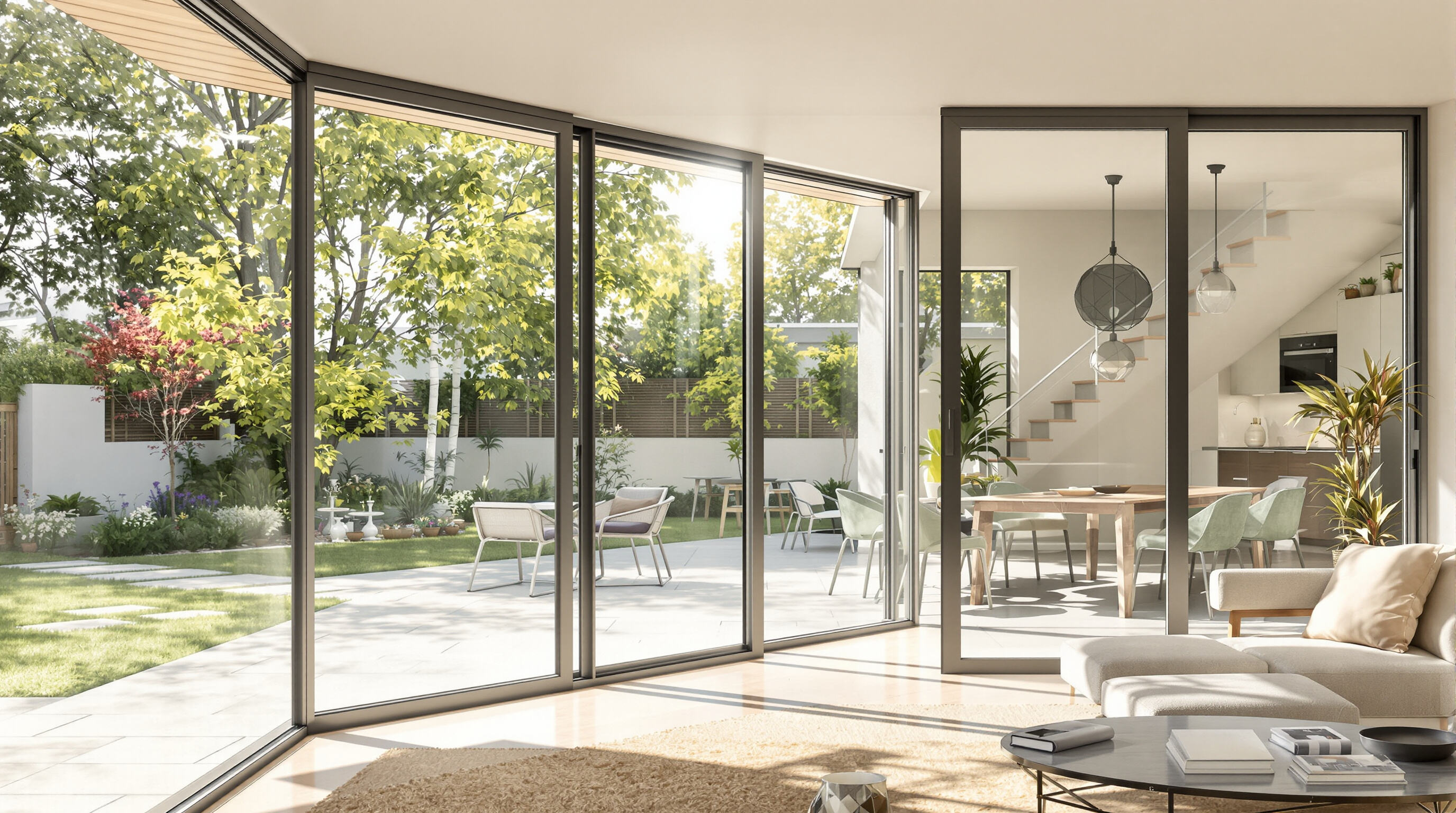 Sunlight entering a modern living room through large sliding glass doors, highlighting seamless indoor-outdoor connection