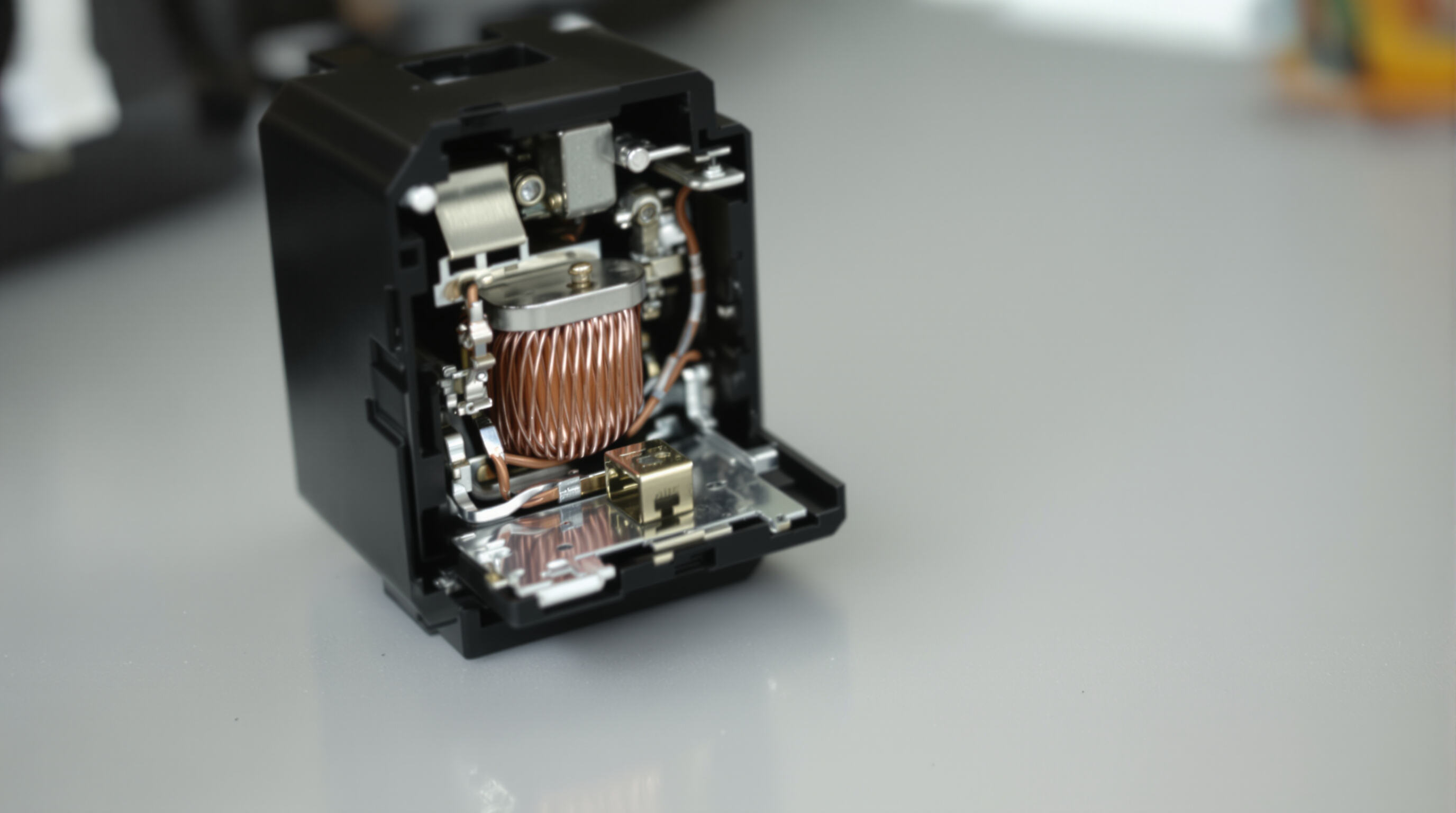 Macro photograph of an opened automotive relay exposing its coil, armature, contacts, and housing components.