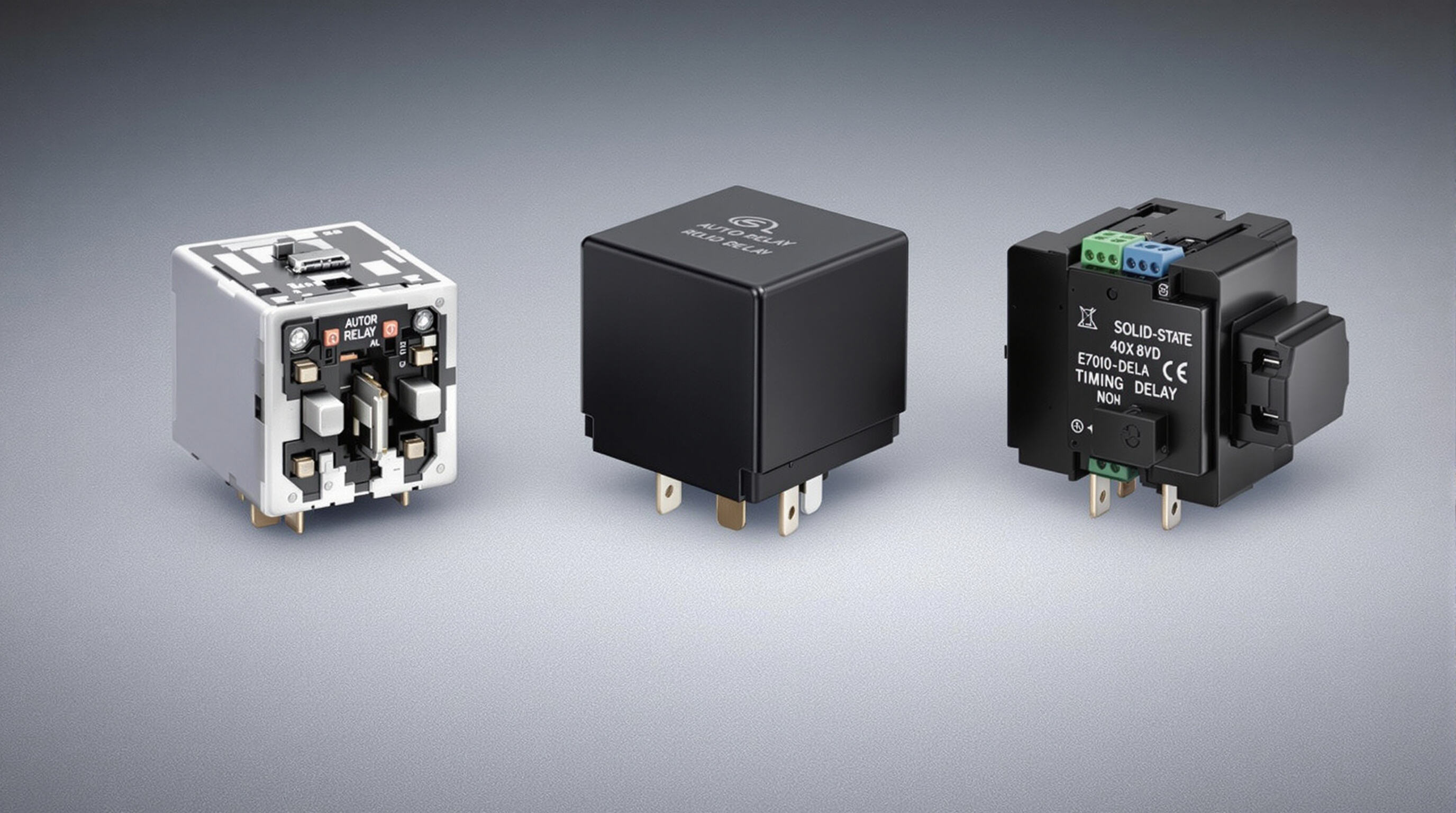 Photo showing three different types of automotive relaysâ€”electromechanical, solid-state, and time-delayâ€”side by side.