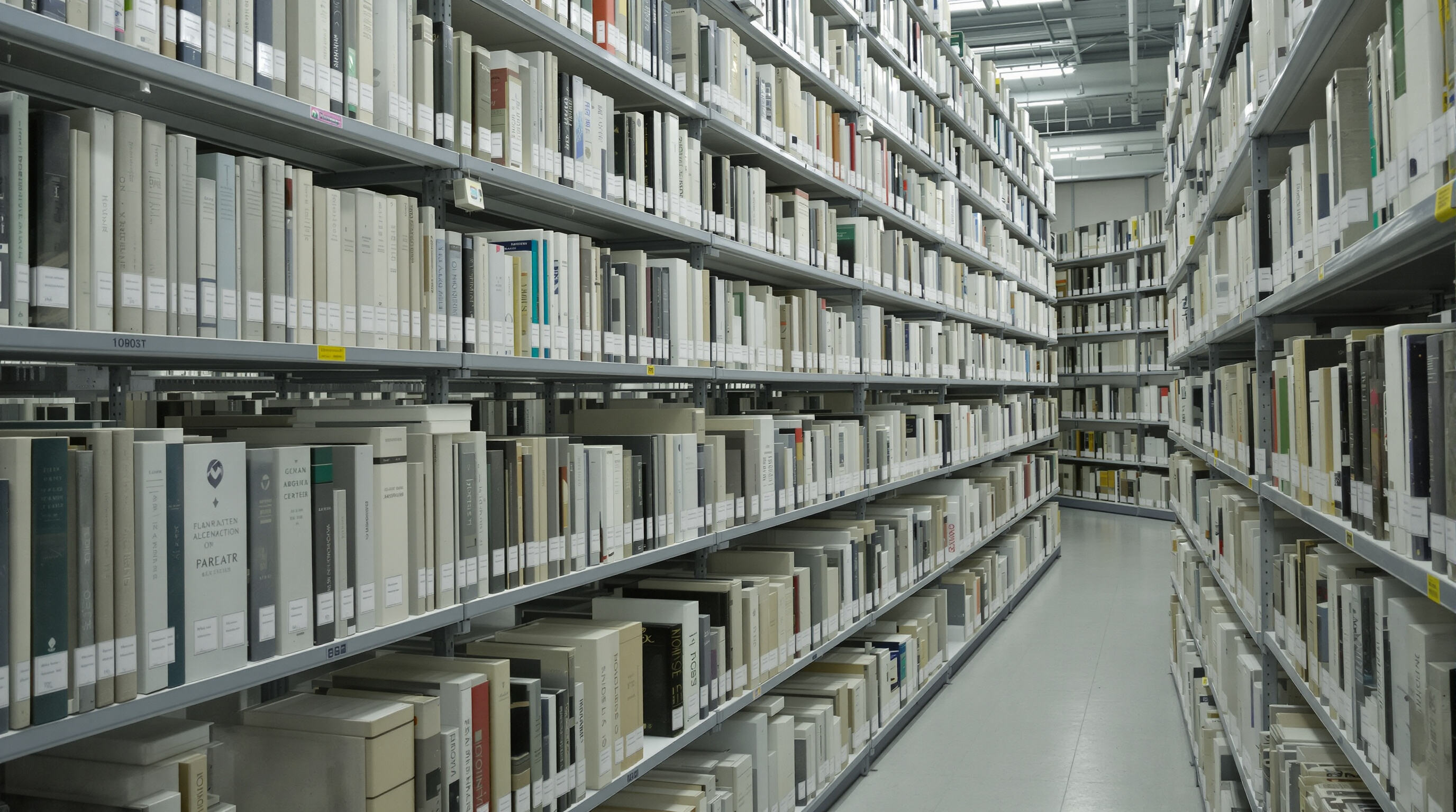 Archival storage room with climate control monitors and UV-protective sleeves safeguarding bookshelf collections