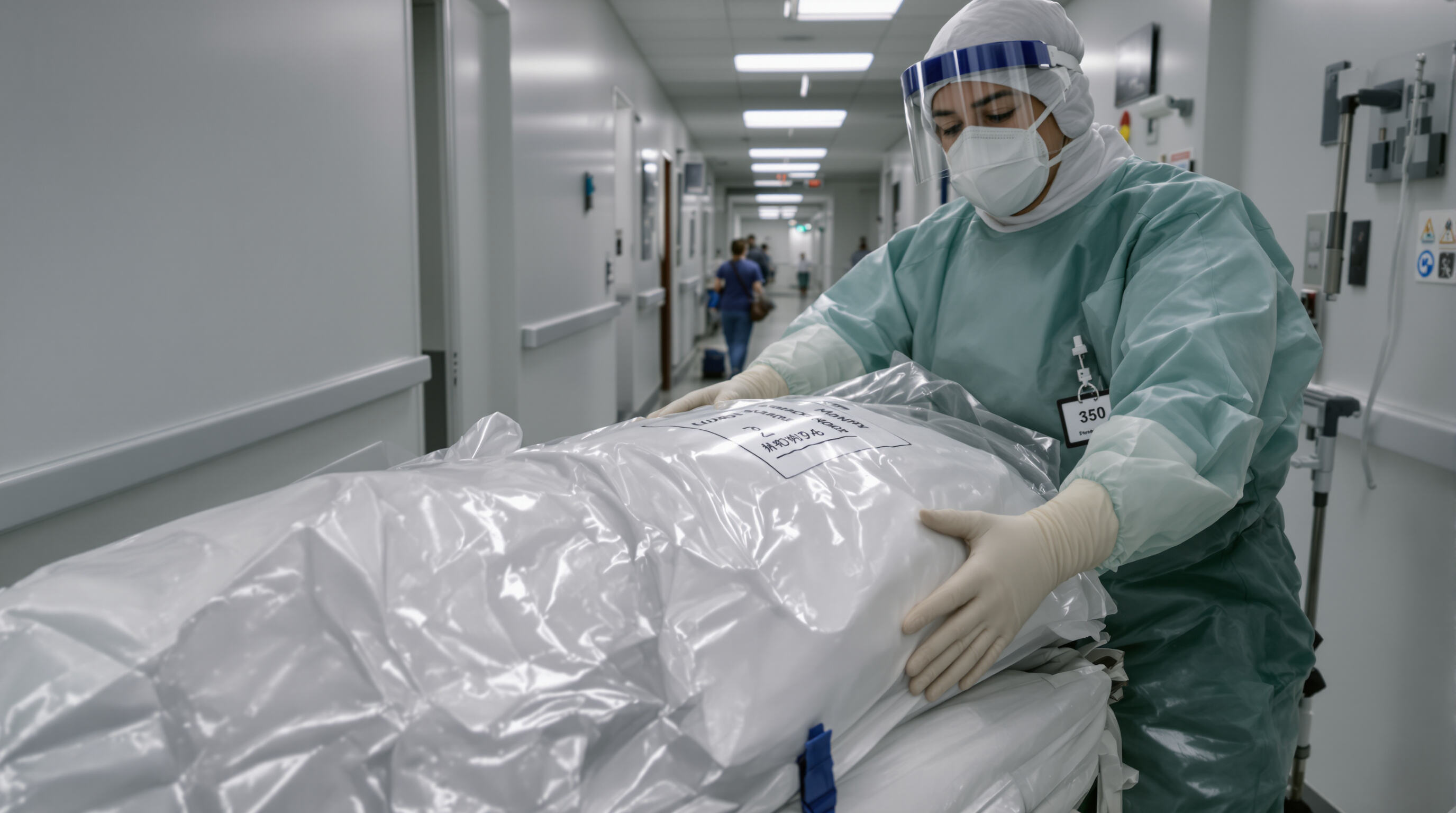 Healthcare worker handling a labeled, sealed body bag in a hospital corridor