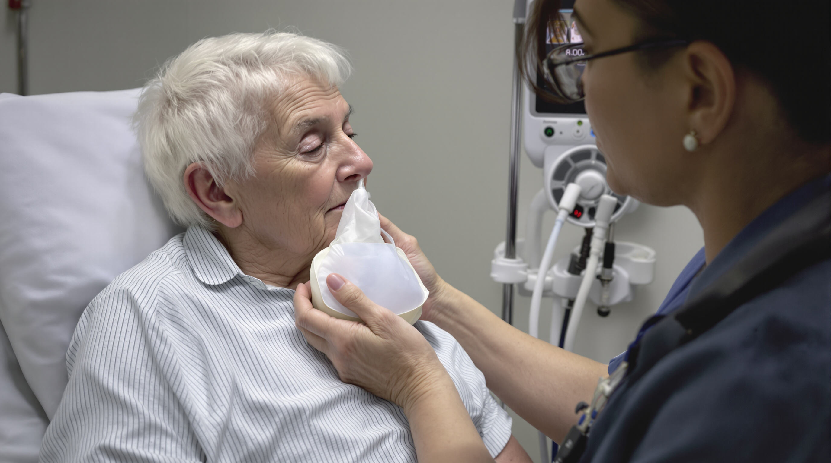 Nurse assisting an elderly patient comfortably using a soft-edged emesis bag in a clinical setting
