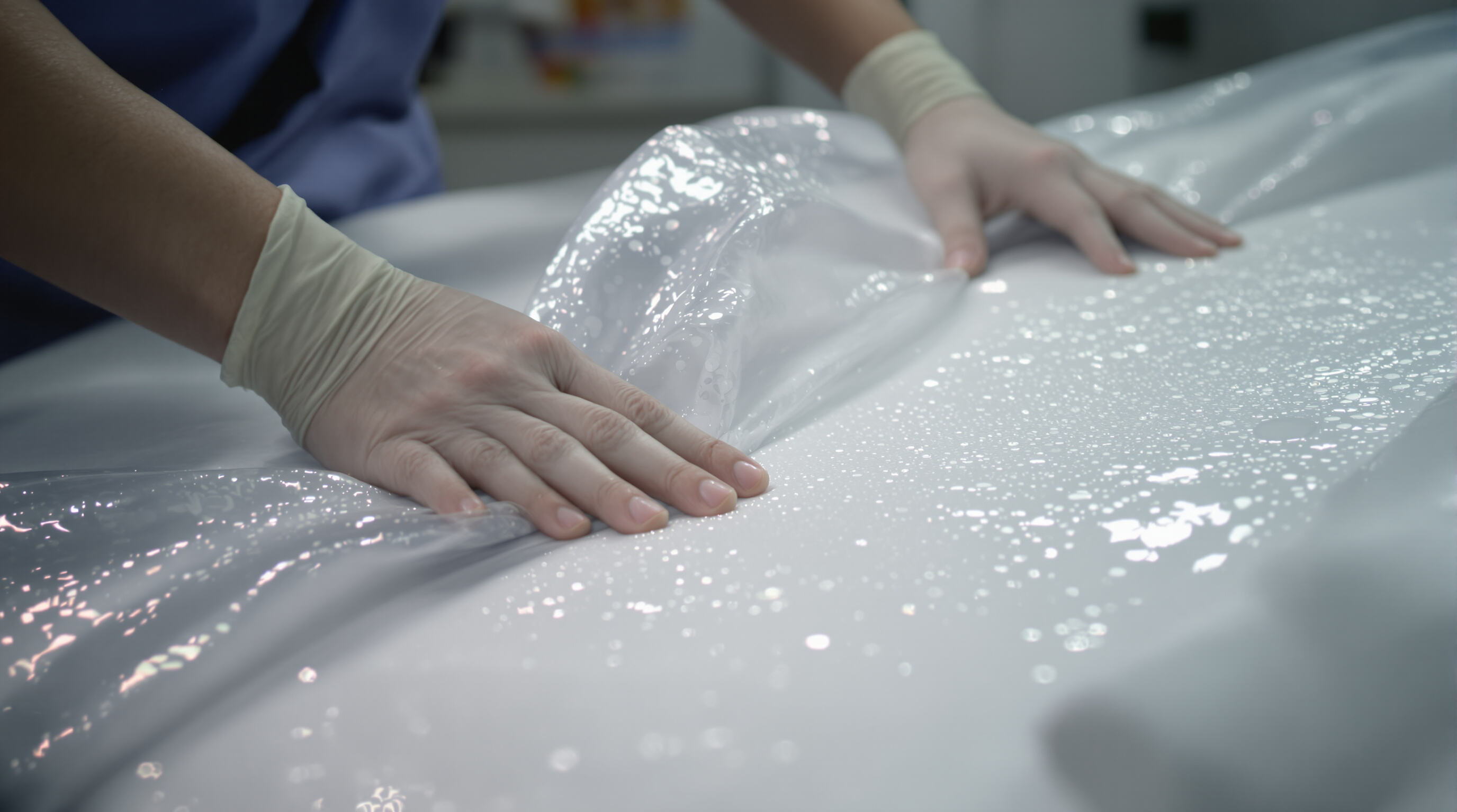 Hands applying disposable bed sheet to mattress with clear view of moisture protection and waterproof fabric