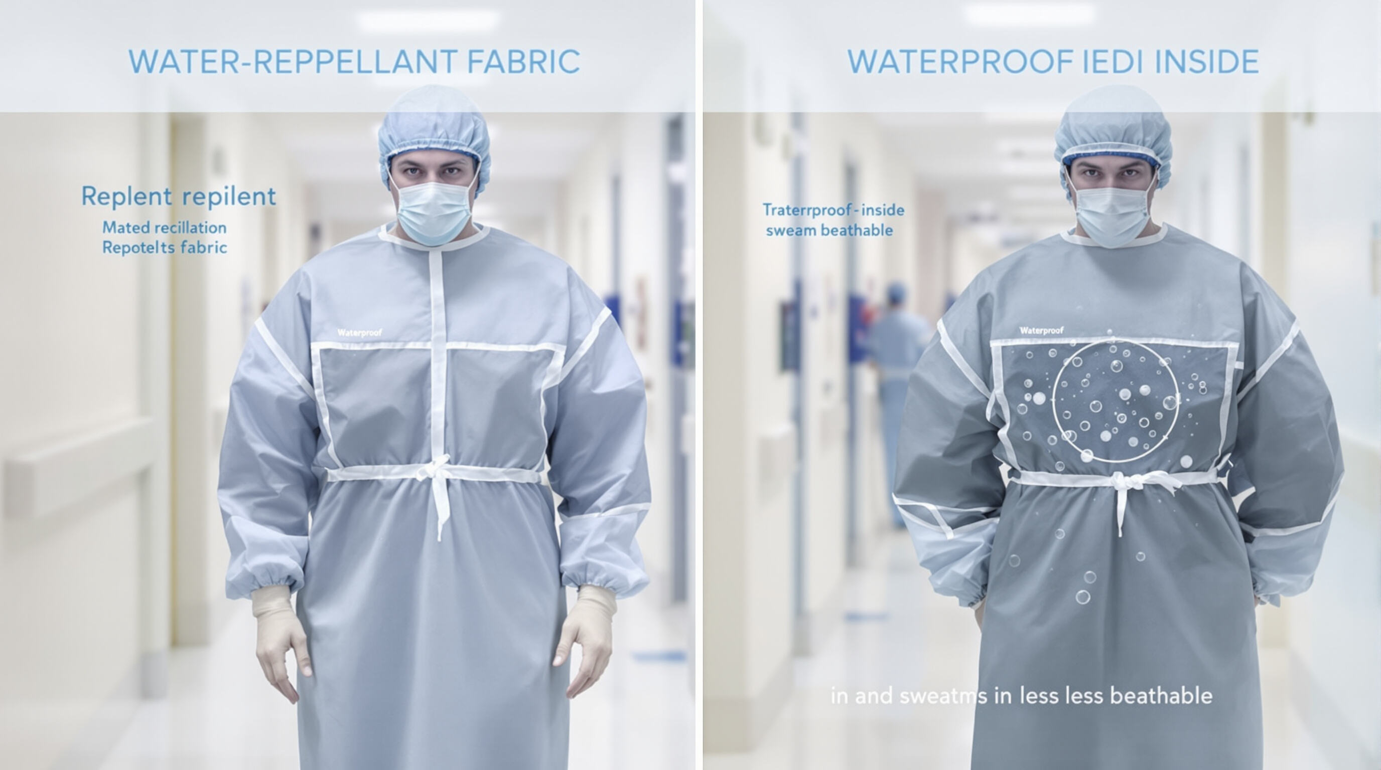 Comparison of a water-repellent gown and a waterproof gown being worn by healthcare workers, highlighting liquid beading and sweat retention