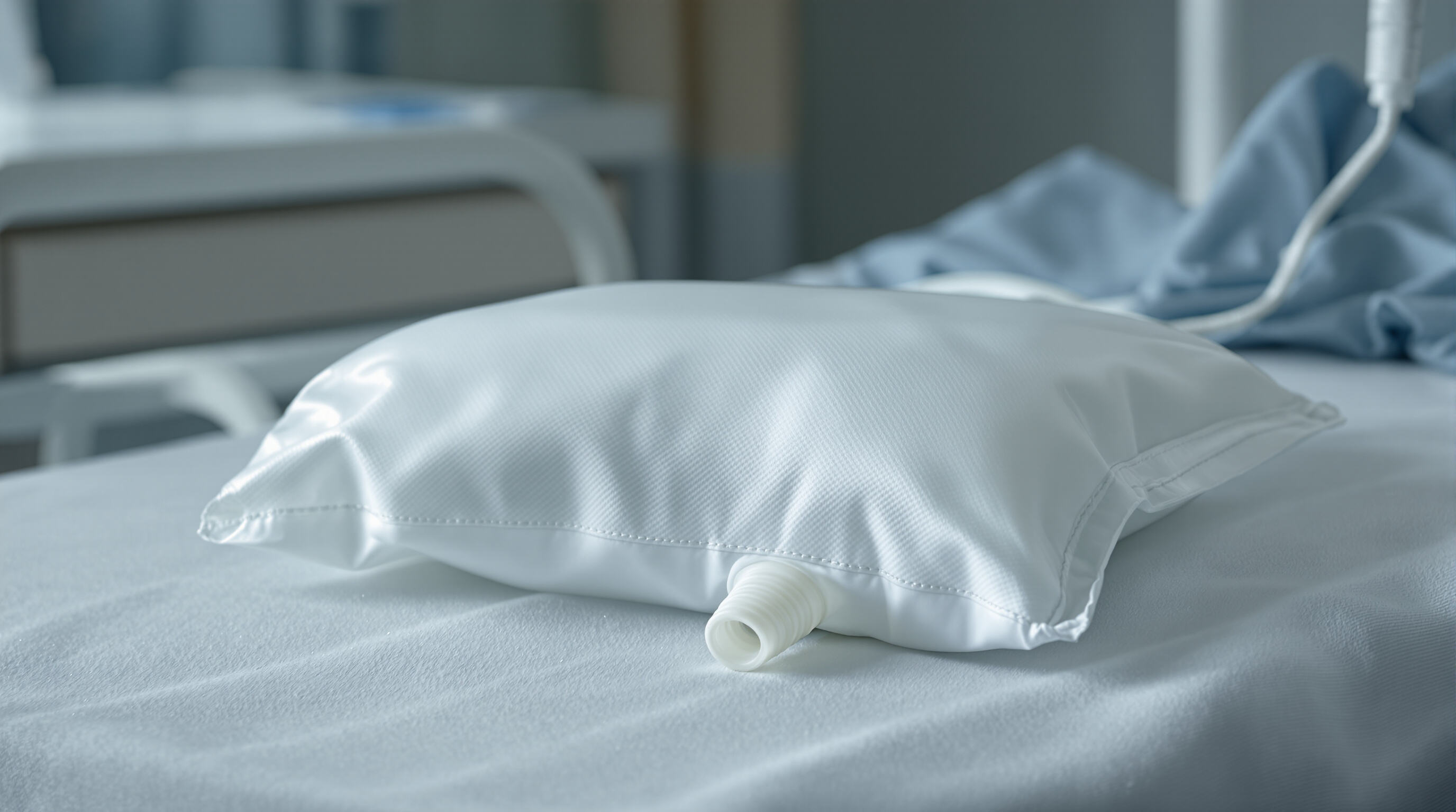 A modern soft-edged emesis bag with padded rim and flexible design on a hospital bedside table