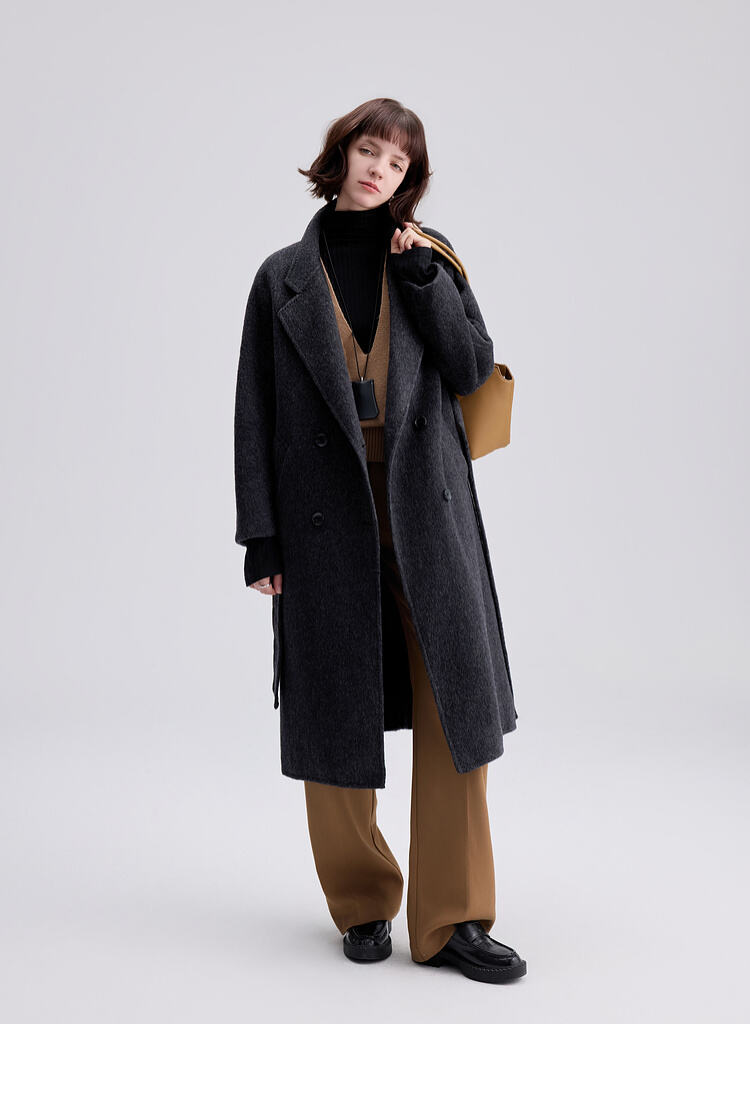 Custom Women Autumn Winter Wool Maxi Coat with Belt Lapel Solid Color Loose Cardigan Ladies Elegant Long Coat supplier