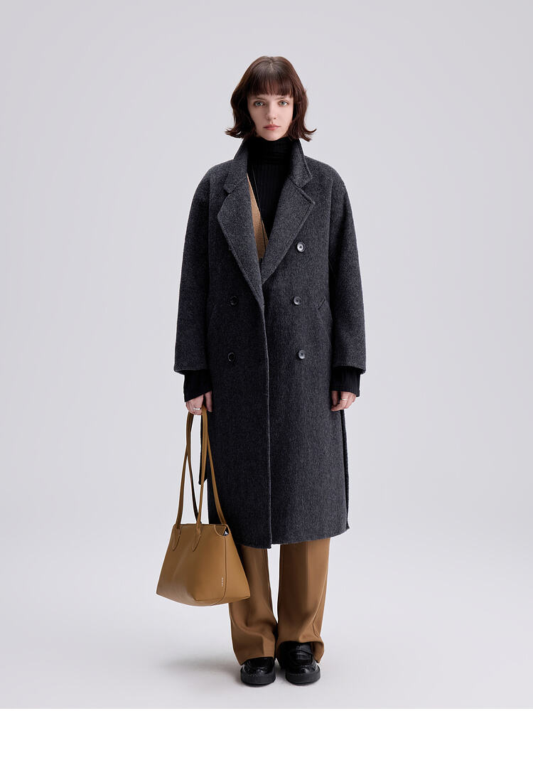 Custom Women Autumn Winter Wool Maxi Coat with Belt Lapel Solid Color Loose Cardigan Ladies Elegant Long Coat details