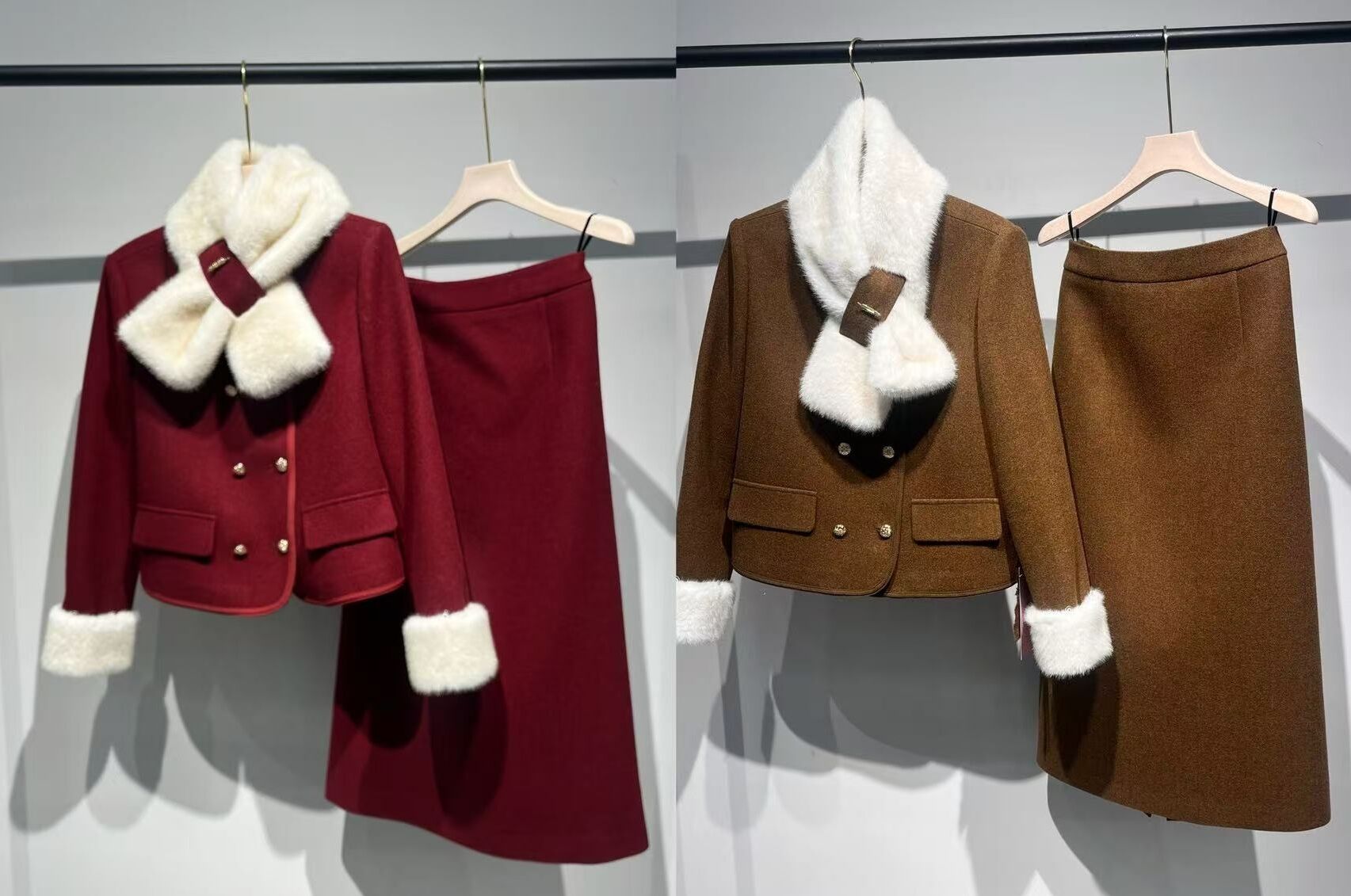 Retro Wool Suit with Breathable Rabbit Fur Neck Scarf & Decorative Buttons Two-Piece Set with Polyester Fiber Lining details