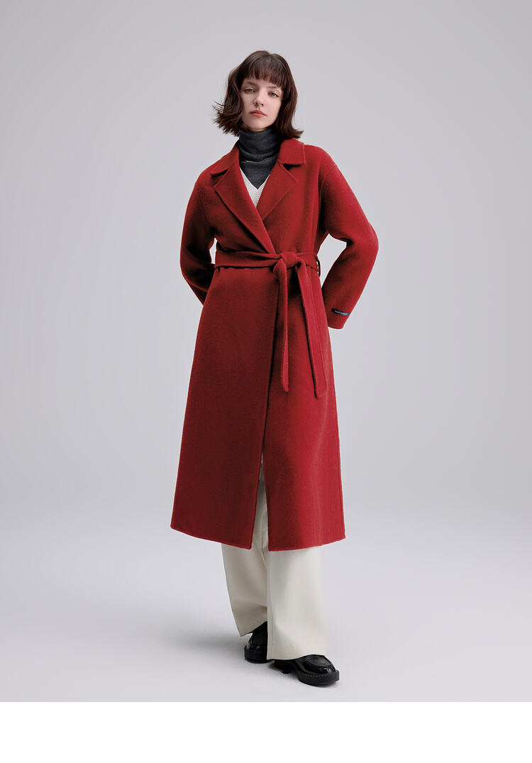 2025 Spring New Elegant Belted Long Cashmere Coat Loose Turn Down Collar Water Ripple Korea Wool Coat Ladies factory